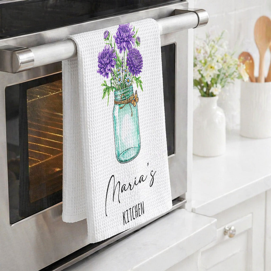 Custom Birth Flower & Name For Her Kitchen - Grandma, Mom, Wife, Sisters - Personalized Kitchen Towel