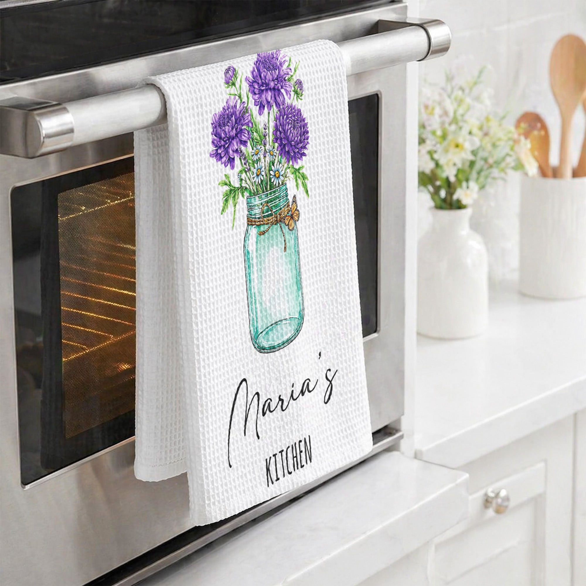 Custom Birth Flower & Name For Her Kitchen - Grandma, Mom, Wife, Sisters - Personalized Kitchen Towel
