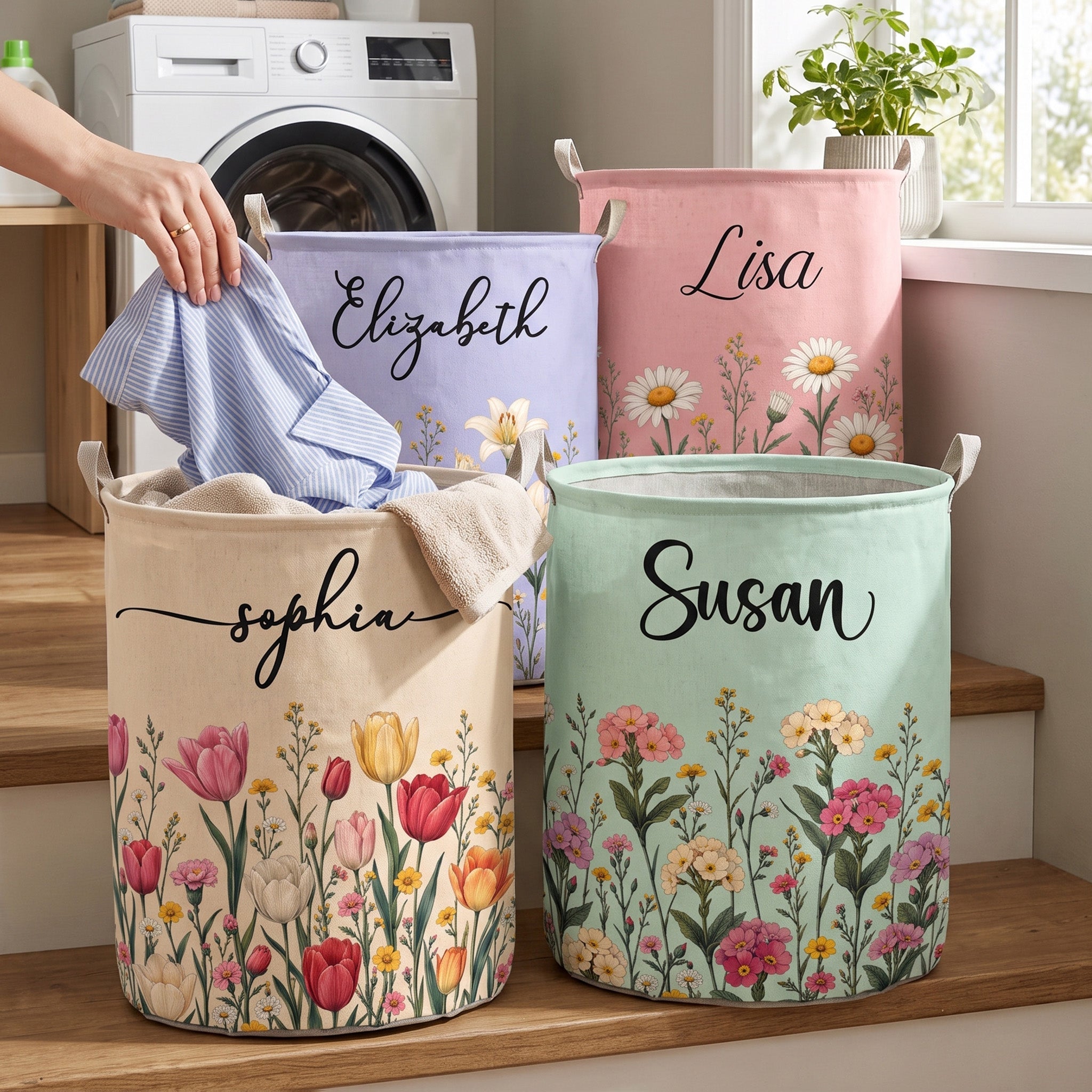 Custom Birth Flower & Name, Gifts For Her, Wife, Grandma, Daughter, Mom - Personalized Basket