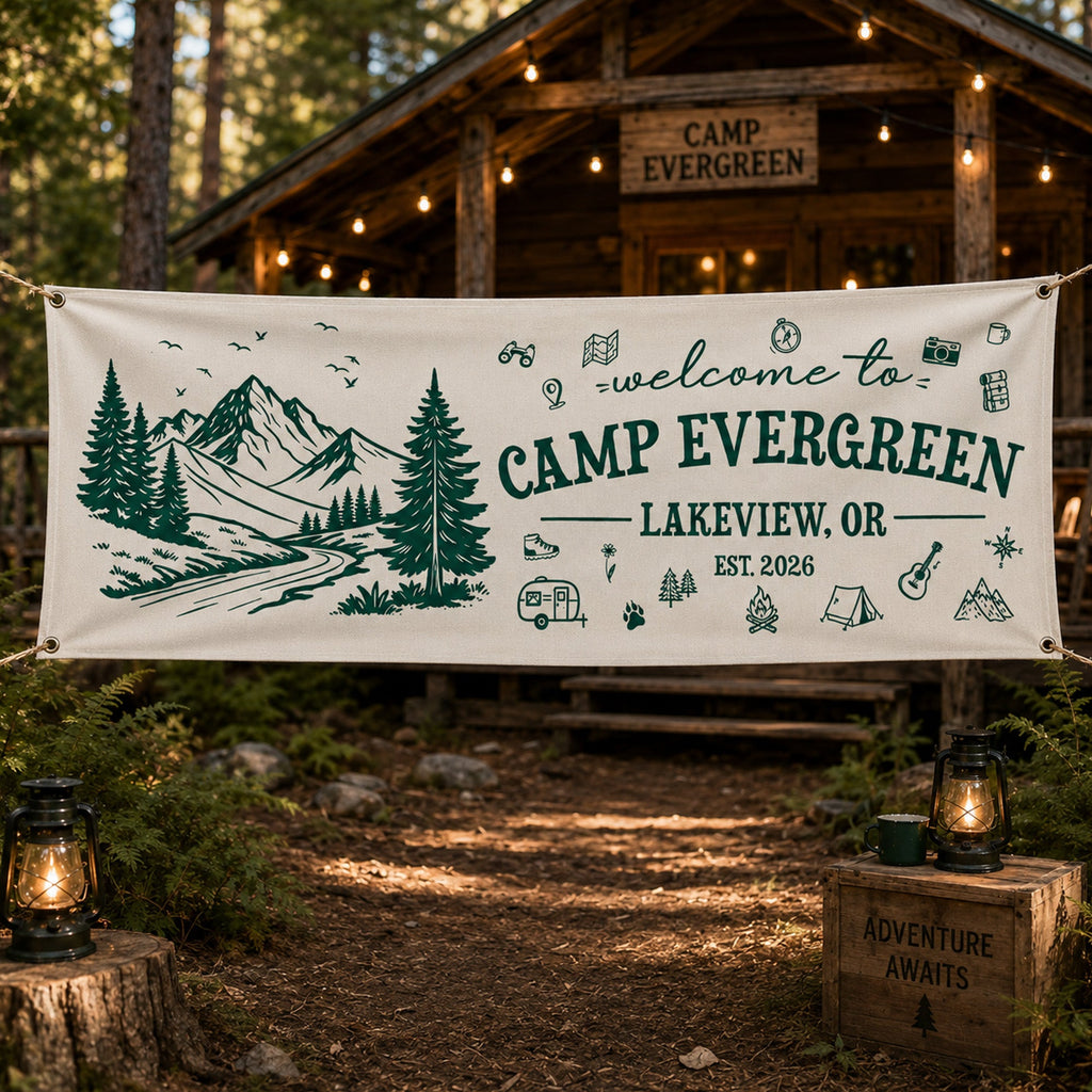 Custom Camp Welcome, Camping Party Sign, Outdoor Adventure Decor - Personalized Banner