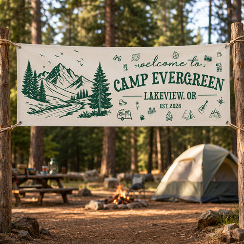 Custom Camp Welcome, Camping Party Sign, Outdoor Adventure Decor - Personalized Banner