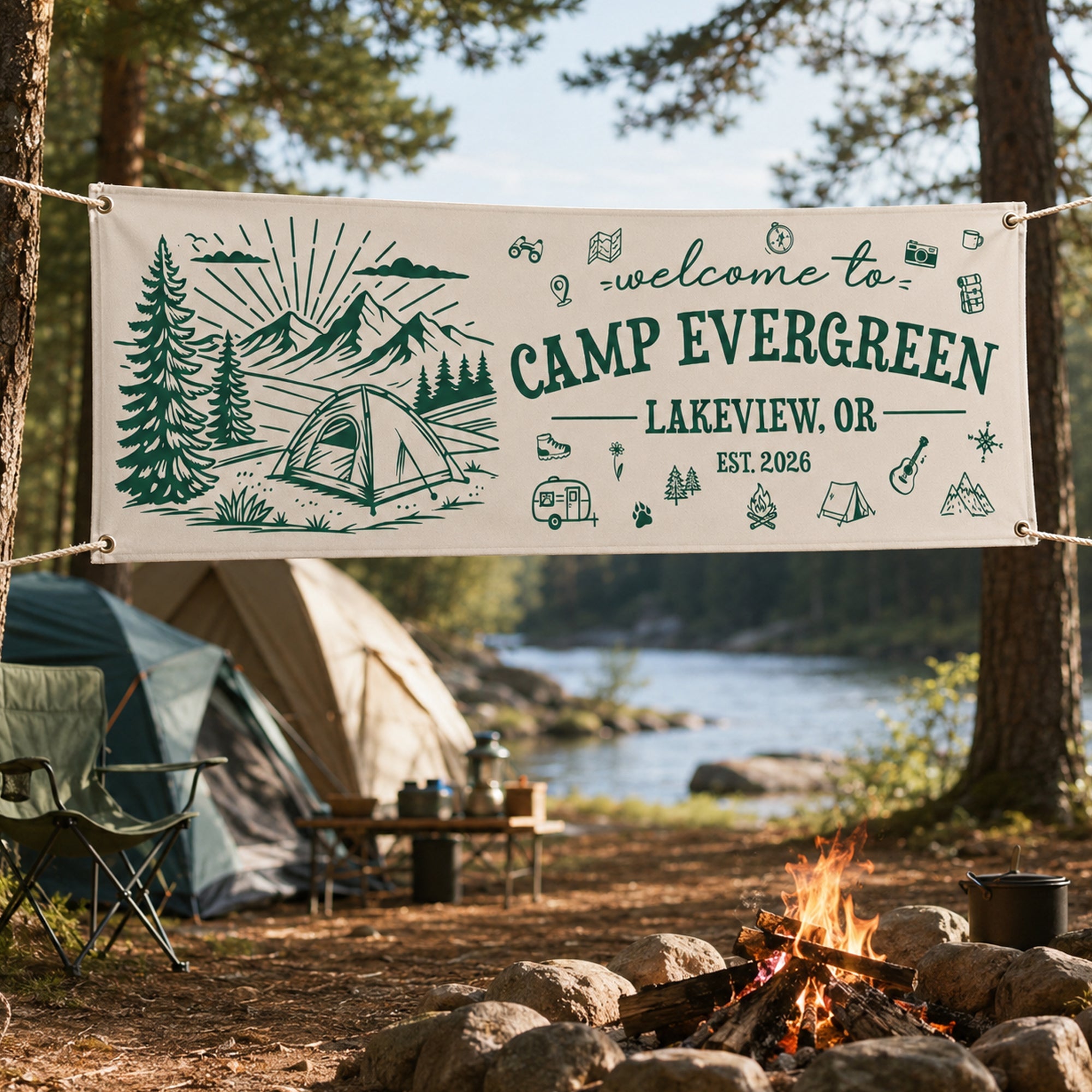 Custom Camp Welcome, Camping Party Sign, Outdoor Adventure Decor - Personalized Banner