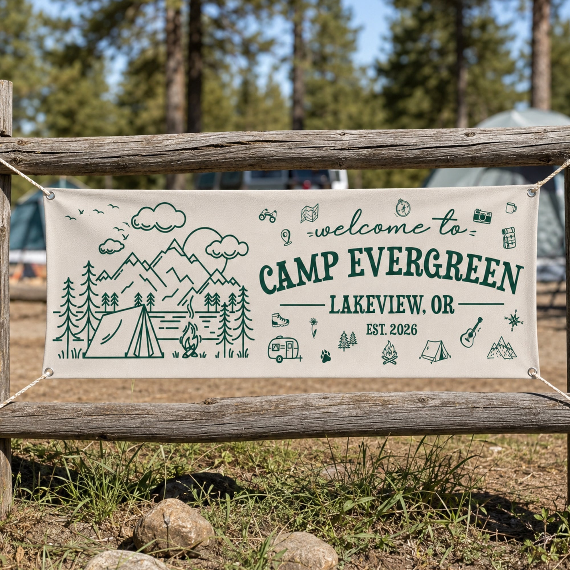 Custom Camp Welcome, Camping Party Sign, Outdoor Adventure Decor - Personalized Banner