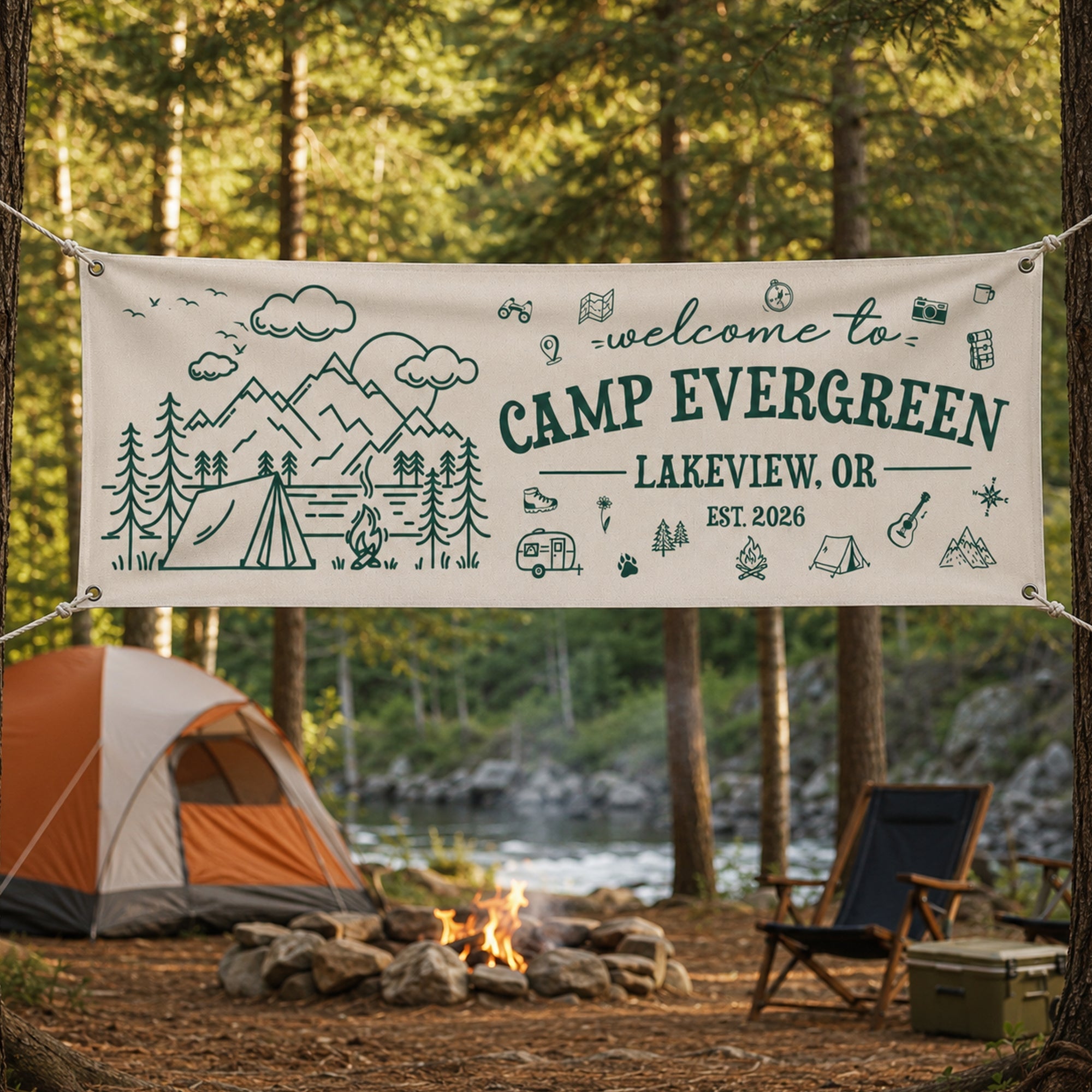 Custom Camp Welcome, Camping Party Sign, Outdoor Adventure Decor - Personalized Banner