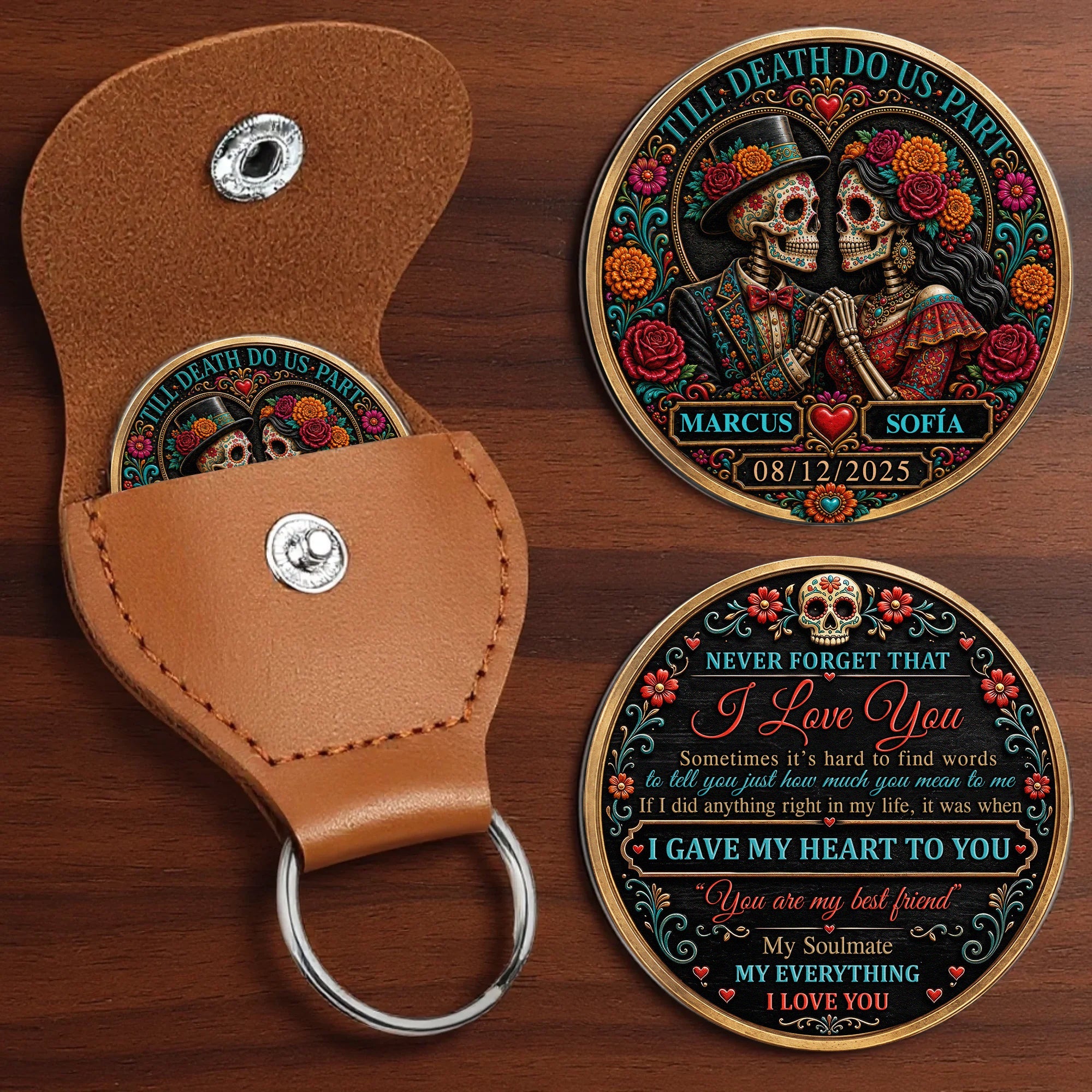 Custom Couple Photo Sugar Skull Art Anniversary Gift For Him, Her - Personalized Pocket Hug