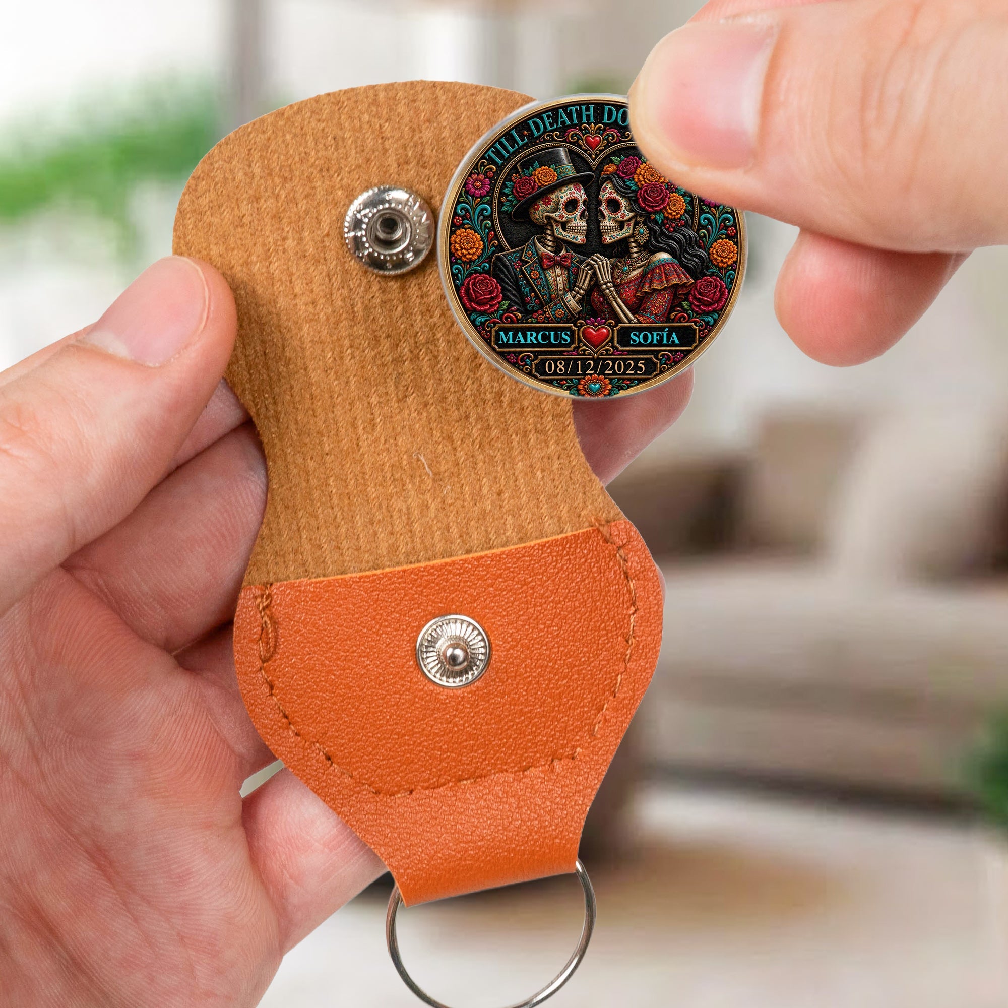 Custom Couple Photo Sugar Skull Art Anniversary Gift For Him, Her - Personalized Pocket Hug