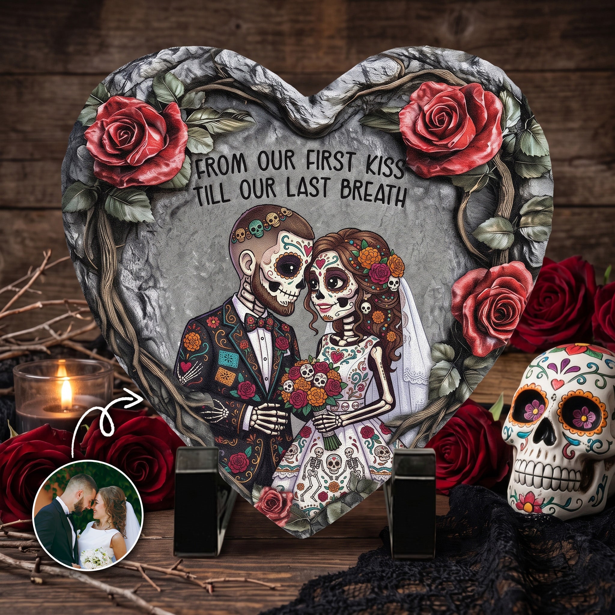 Custom Couple Portrait Day Of The Dead Hasta La Muerte - Personalized Garden Stone