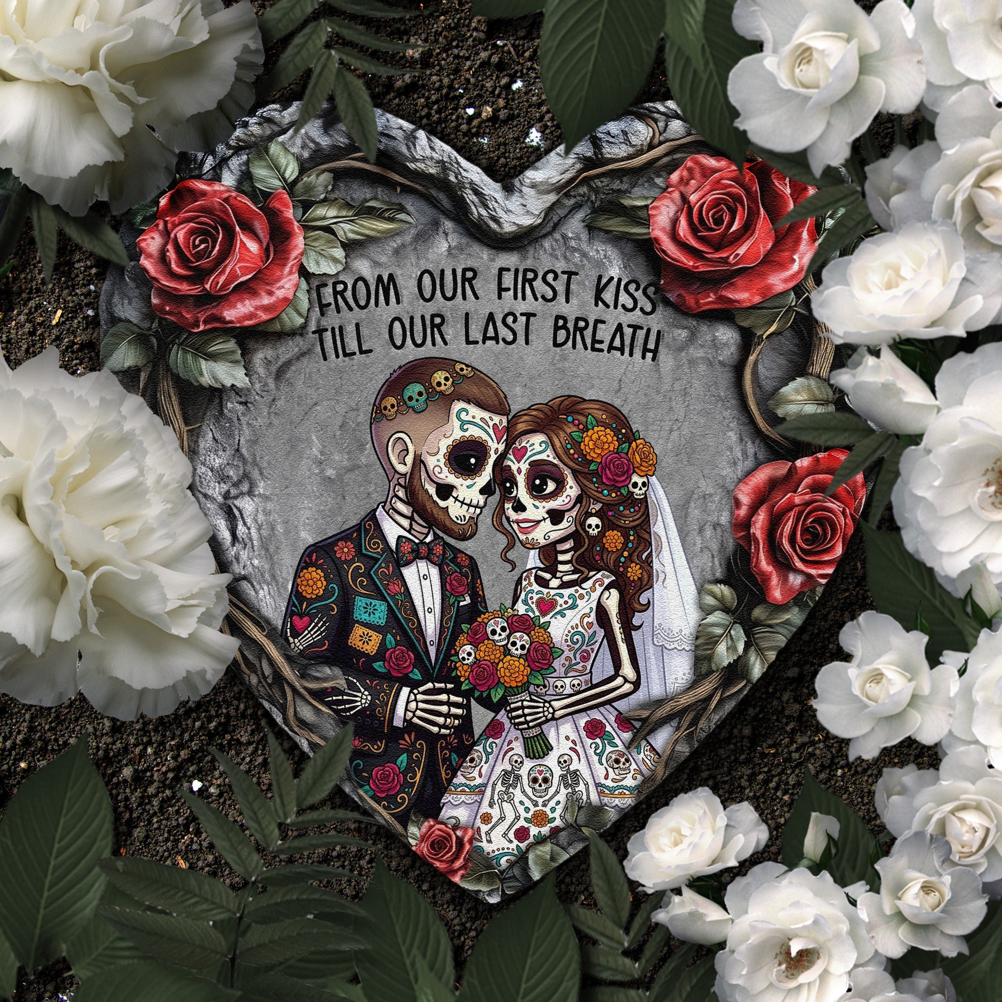 Custom Couple Portrait Day Of The Dead Hasta La Muerte - Personalized Garden Stone