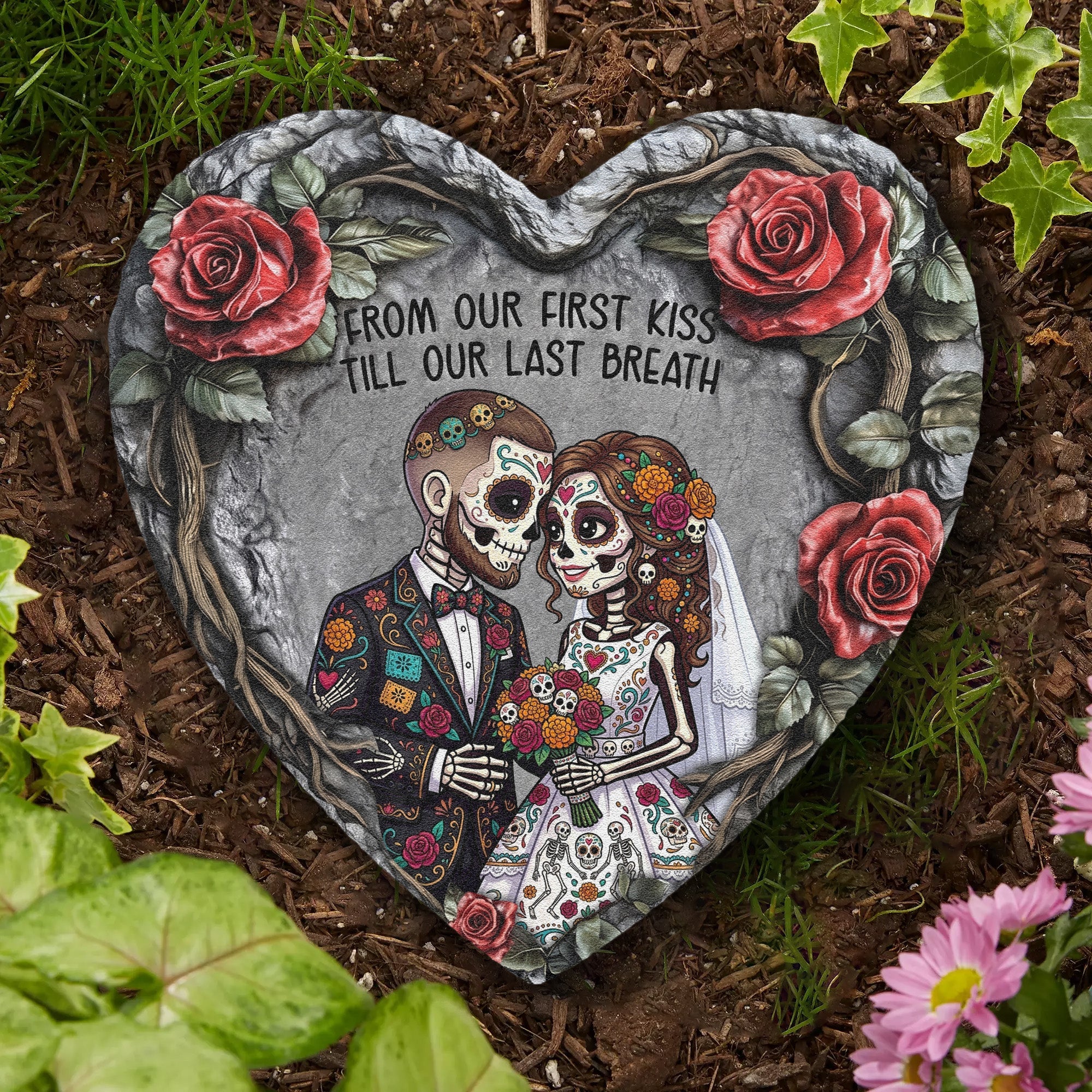 Custom Couple Portrait Day Of The Dead Hasta La Muerte - Personalized Garden Stone