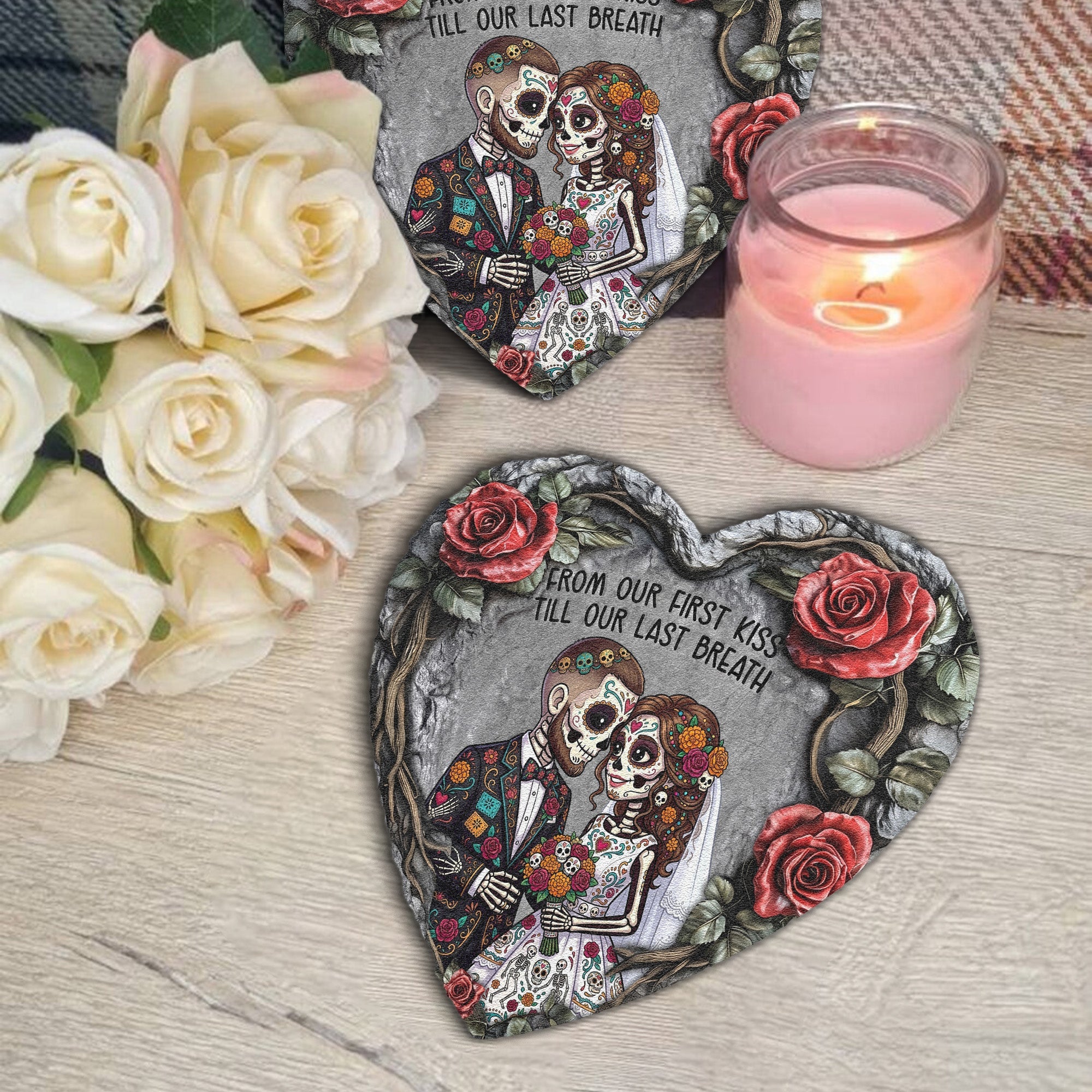 Custom Couple Portrait Day Of The Dead Hasta La Muerte - Personalized Garden Stone