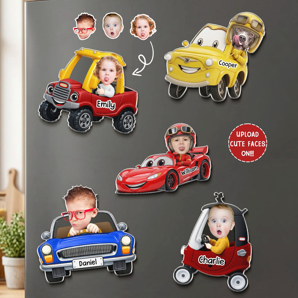 Custom Cute Kids' Face Racing Cars - Personalized Magnet