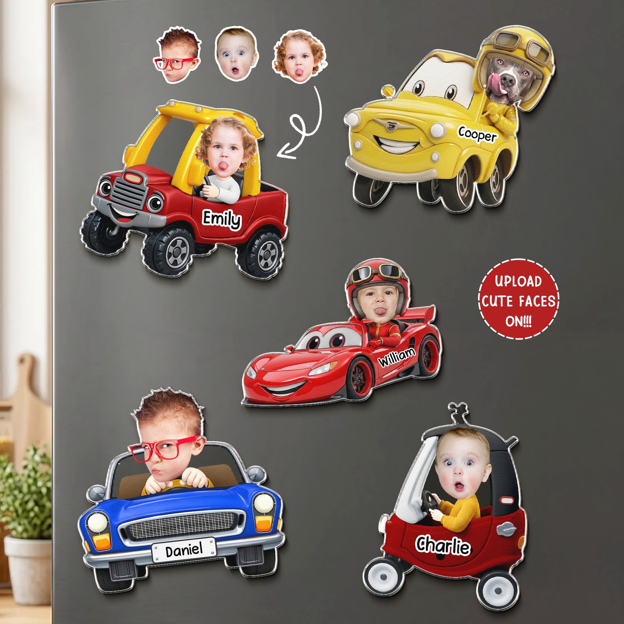 Custom Cute Kids' Face Racing Cars - Personalized Magnet