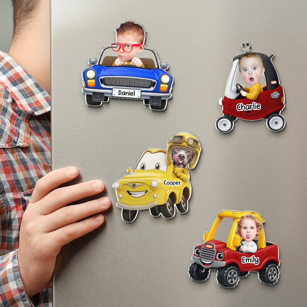 Custom Cute Kids' Face Racing Cars - Personalized Magnet