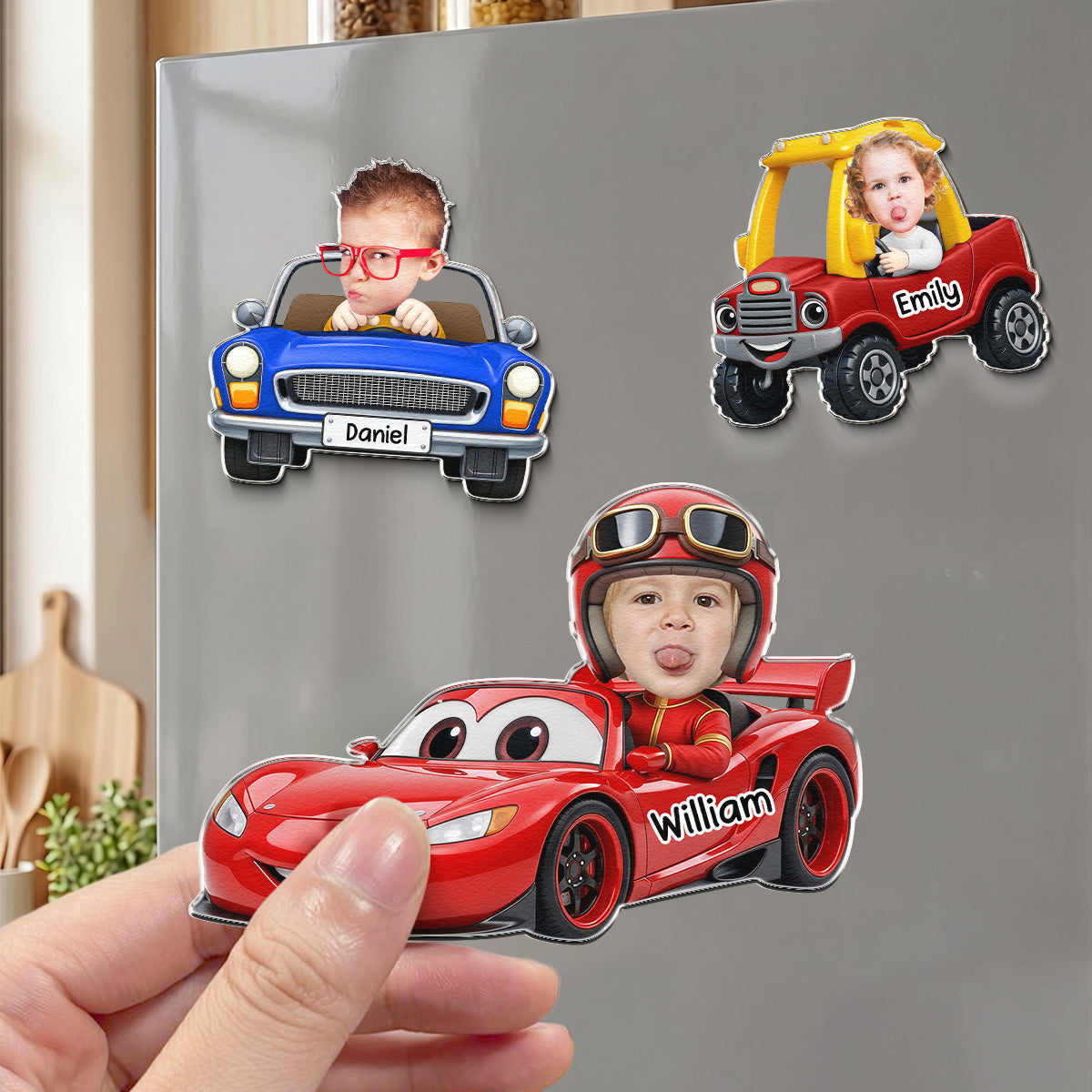 Custom Cute Kids' Face Racing Cars - Personalized Magnet
