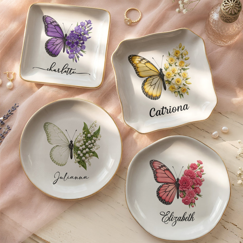Custom Name & Birth Flower Butterfly Gifts For Her, Friends, Sisters - Personalized Jewelry Dish