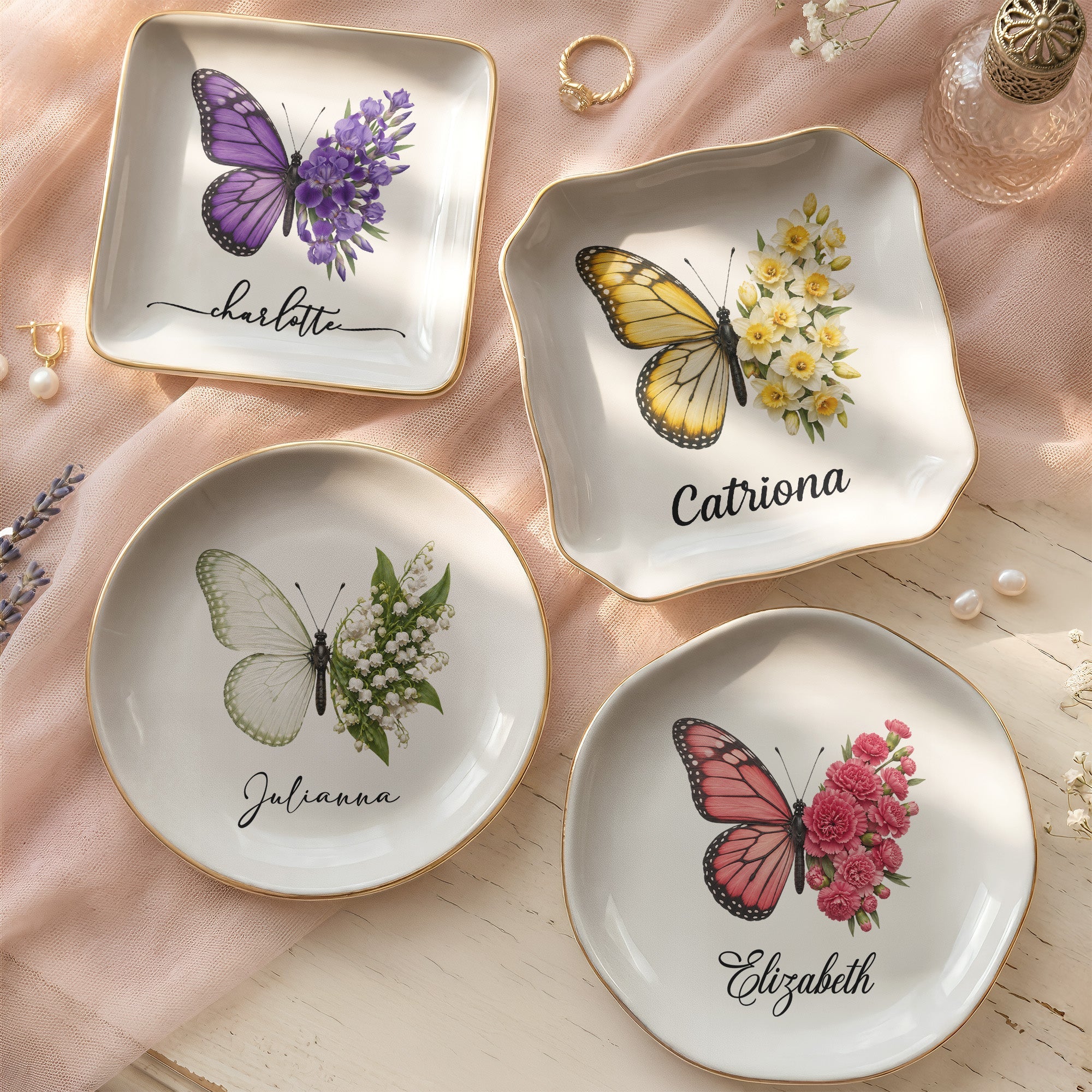 Custom Name & Birth Flower Butterfly Gifts For Her, Friends, Sisters - Personalized Jewelry Dish