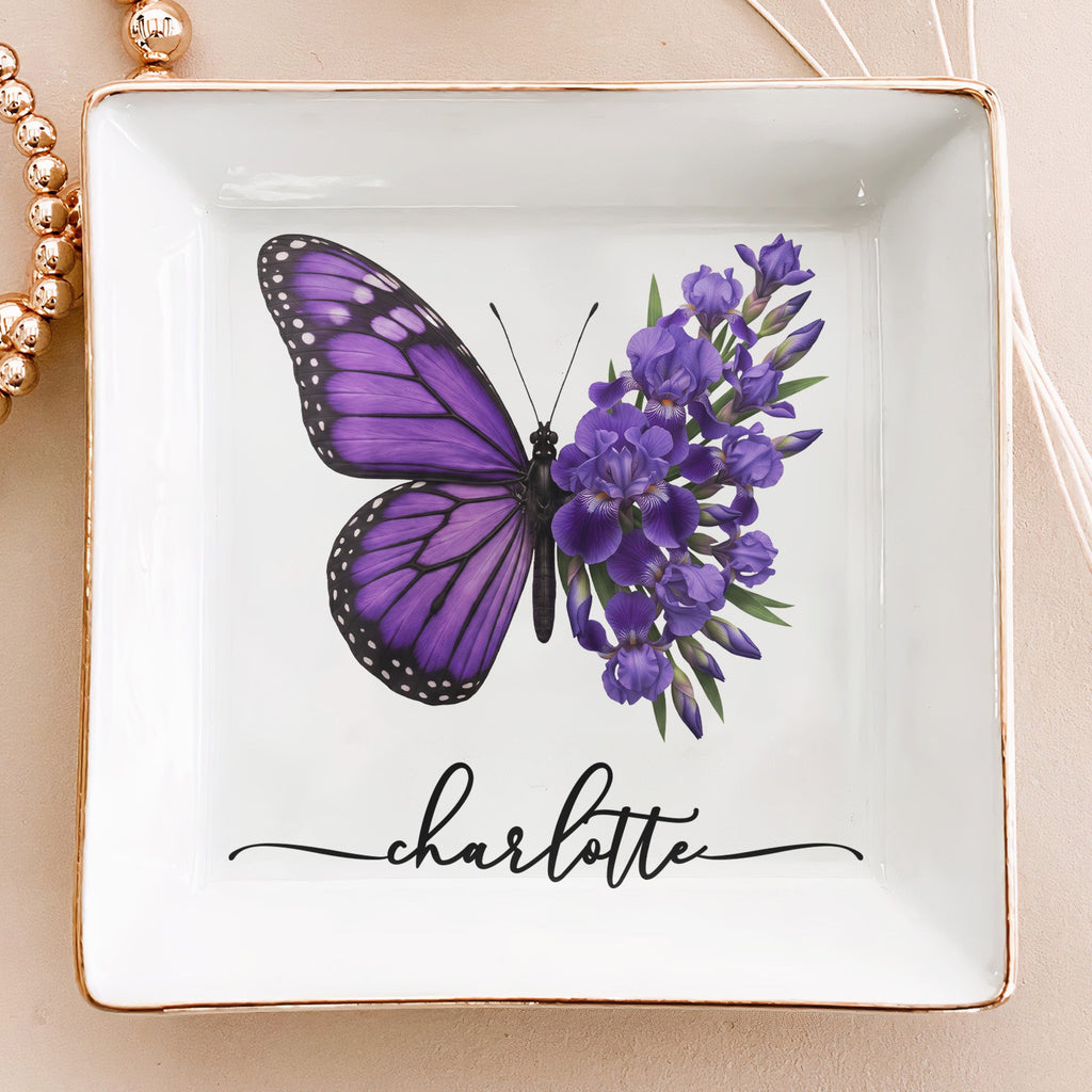 Custom Name & Birth Flower Butterfly Gifts For Her, Friends, Sisters - Personalized Jewelry Dish