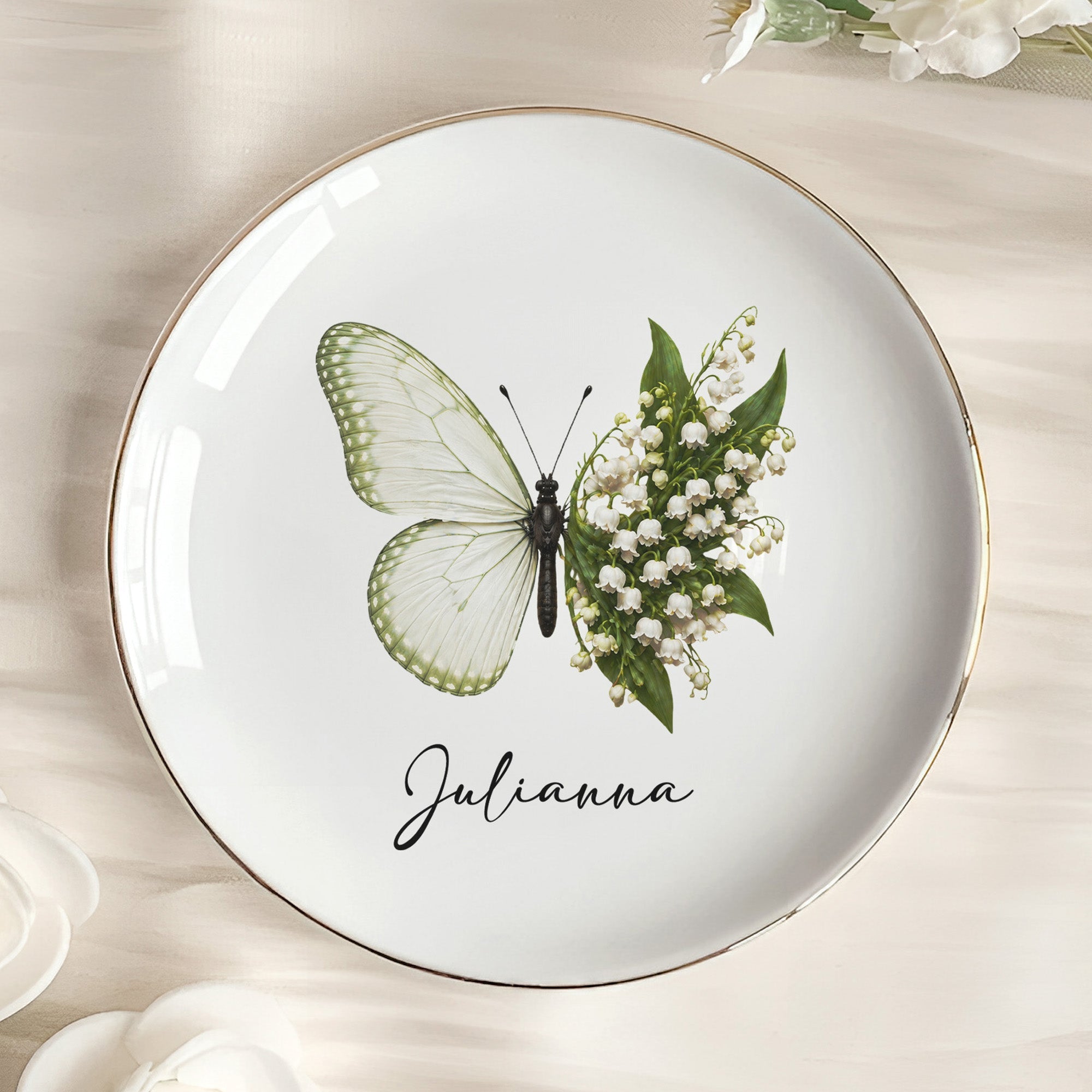 Custom Name & Birth Flower Butterfly Gifts For Her, Friends, Sisters - Personalized Jewelry Dish