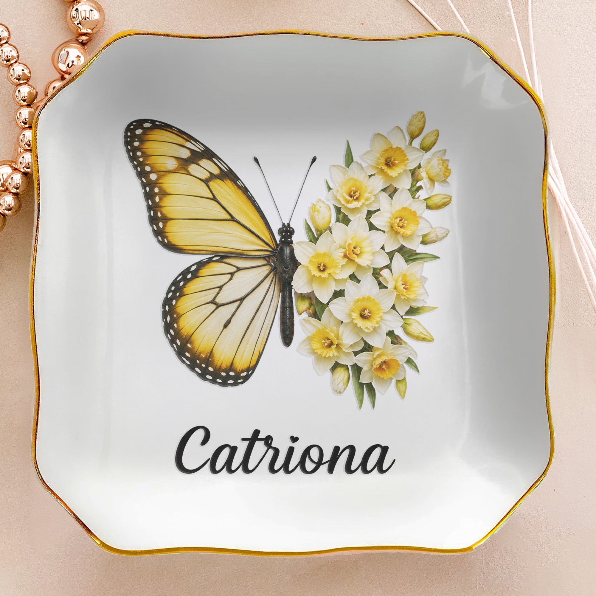 Custom Name & Birth Flower Butterfly Gifts For Her, Friends, Sisters - Personalized Jewelry Dish