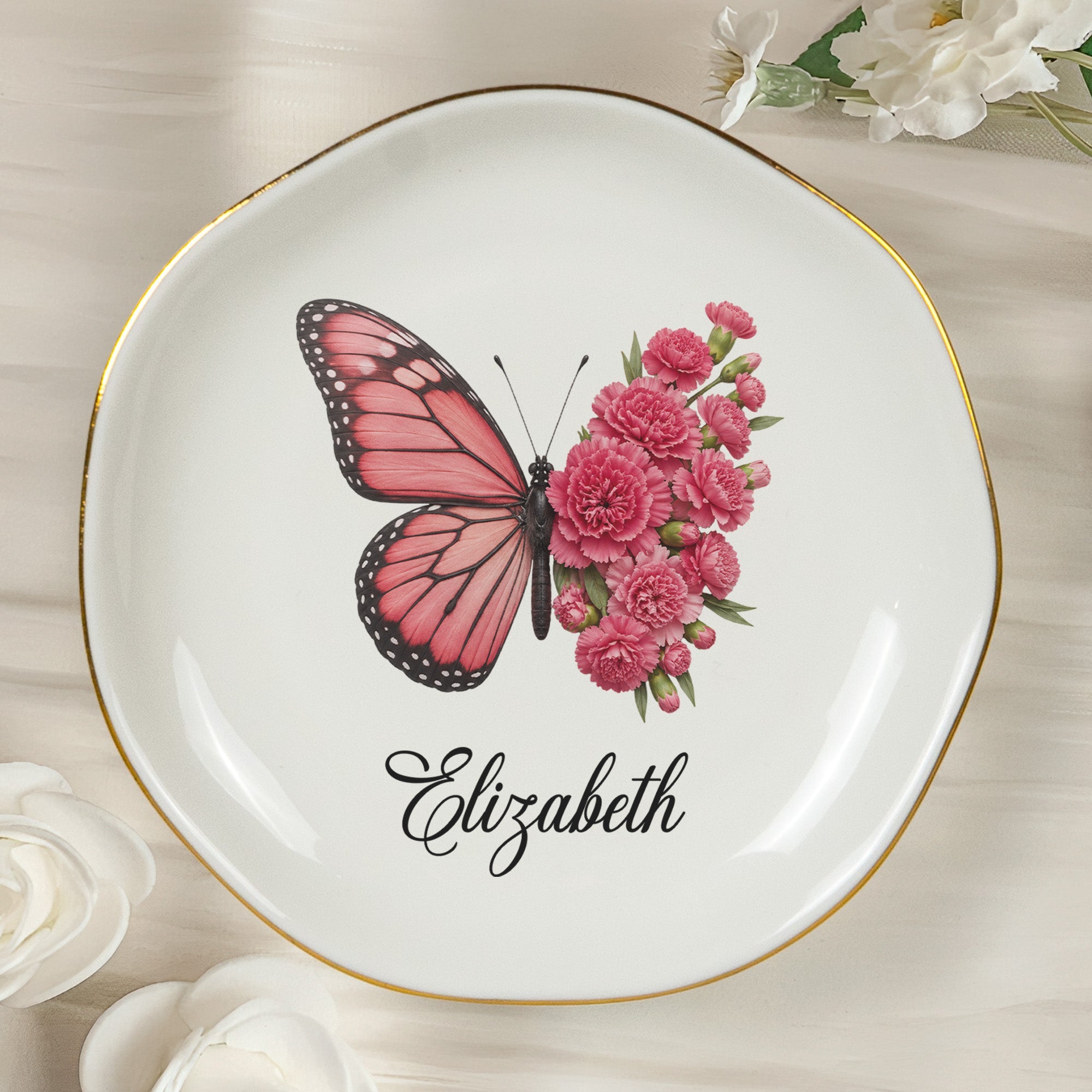 Custom Name & Birth Flower Butterfly Gifts For Her, Friends, Sisters - Personalized Jewelry Dish