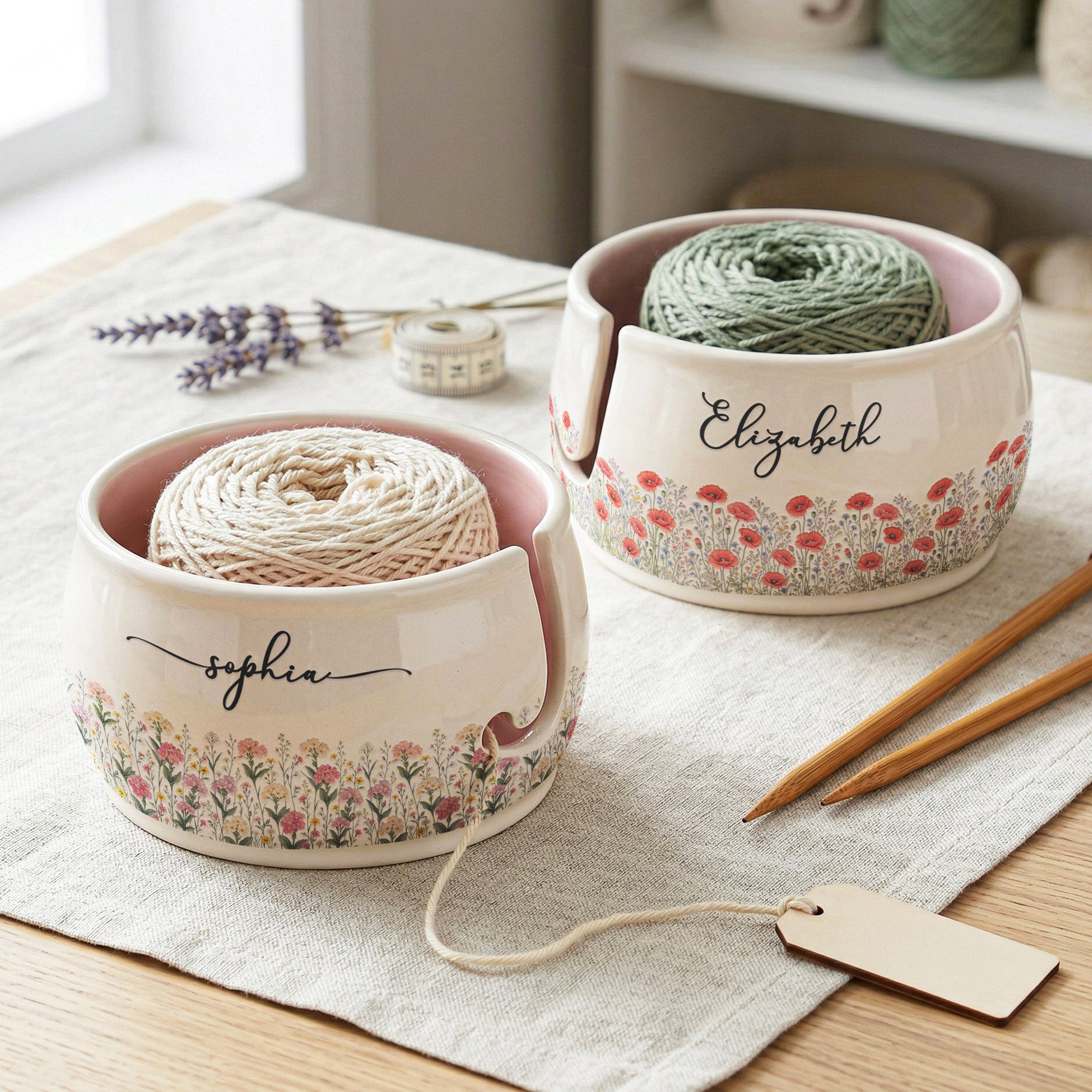 Custom Name & Birth Flower For Her, Daughter, Mom, Grandma, Knitting & Crochet Lovers - Personalized Yarn Bowl