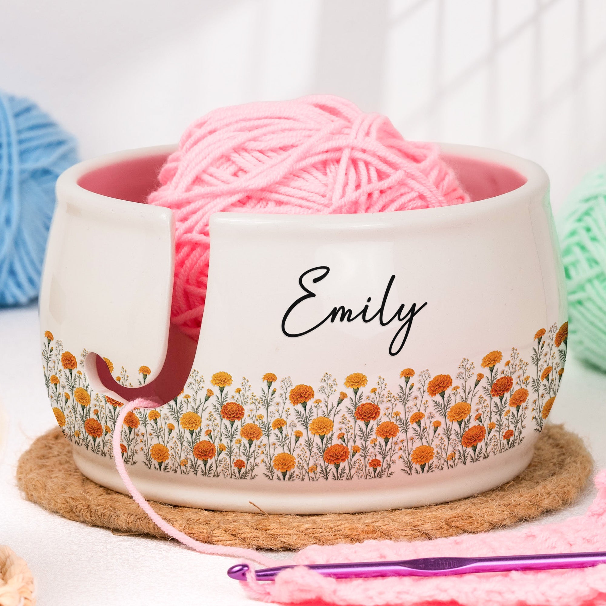Custom Name & Birth Flower For Her, Daughter, Mom, Grandma, Knitting & Crochet Lovers - Personalized Yarn Bowl