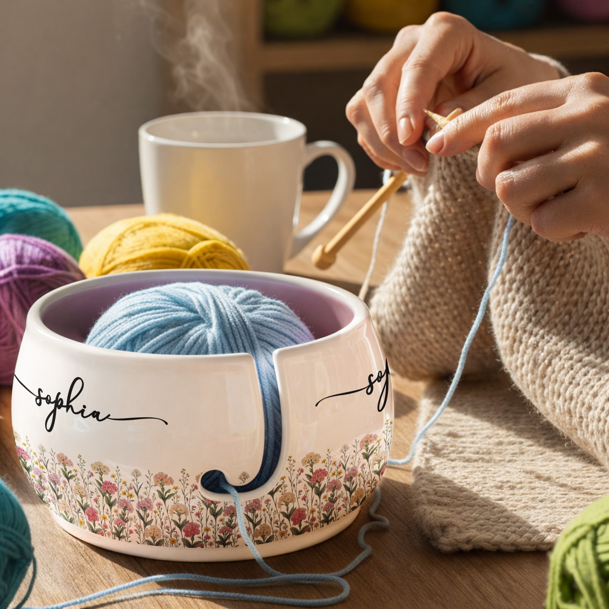 Custom Name & Birth Flower For Her, Daughter, Mom, Grandma, Knitting & Crochet Lovers - Personalized Yarn Bowl