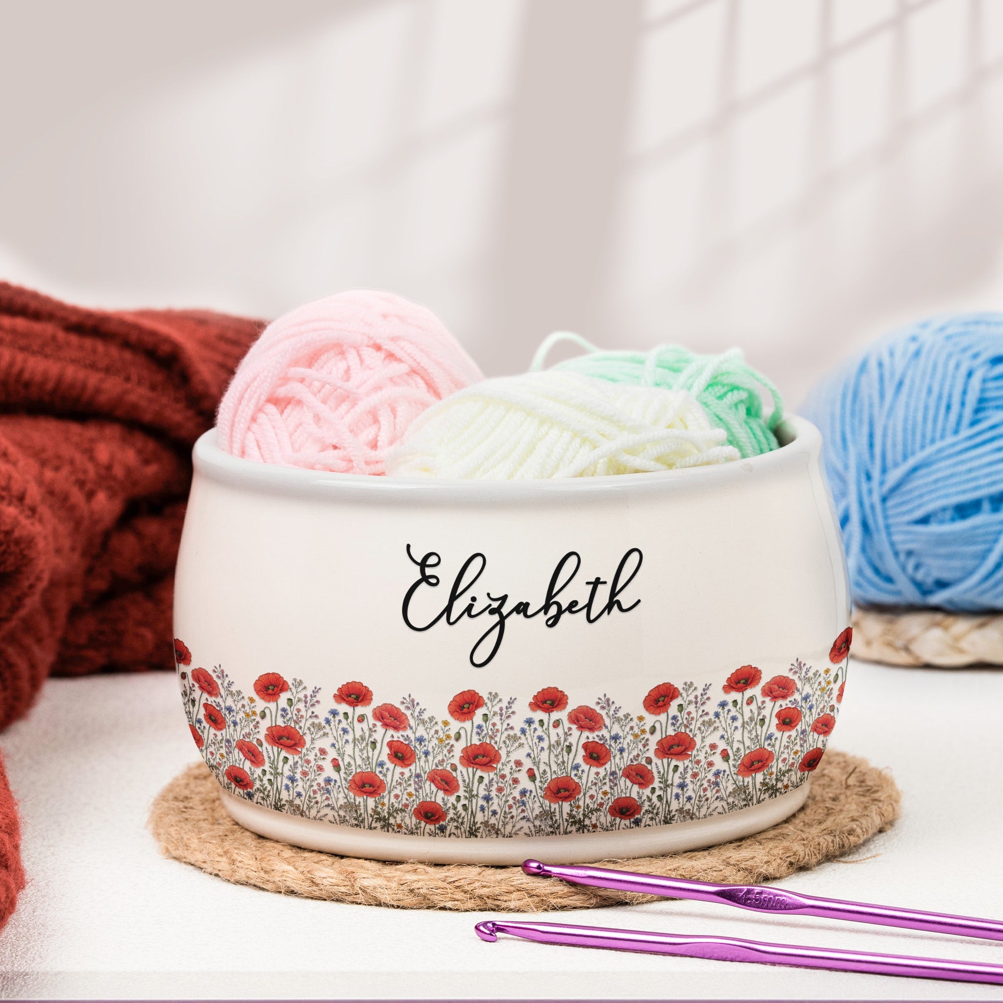 Custom Name & Birth Flower For Her, Daughter, Mom, Grandma, Knitting & Crochet Lovers - Personalized Yarn Bowl