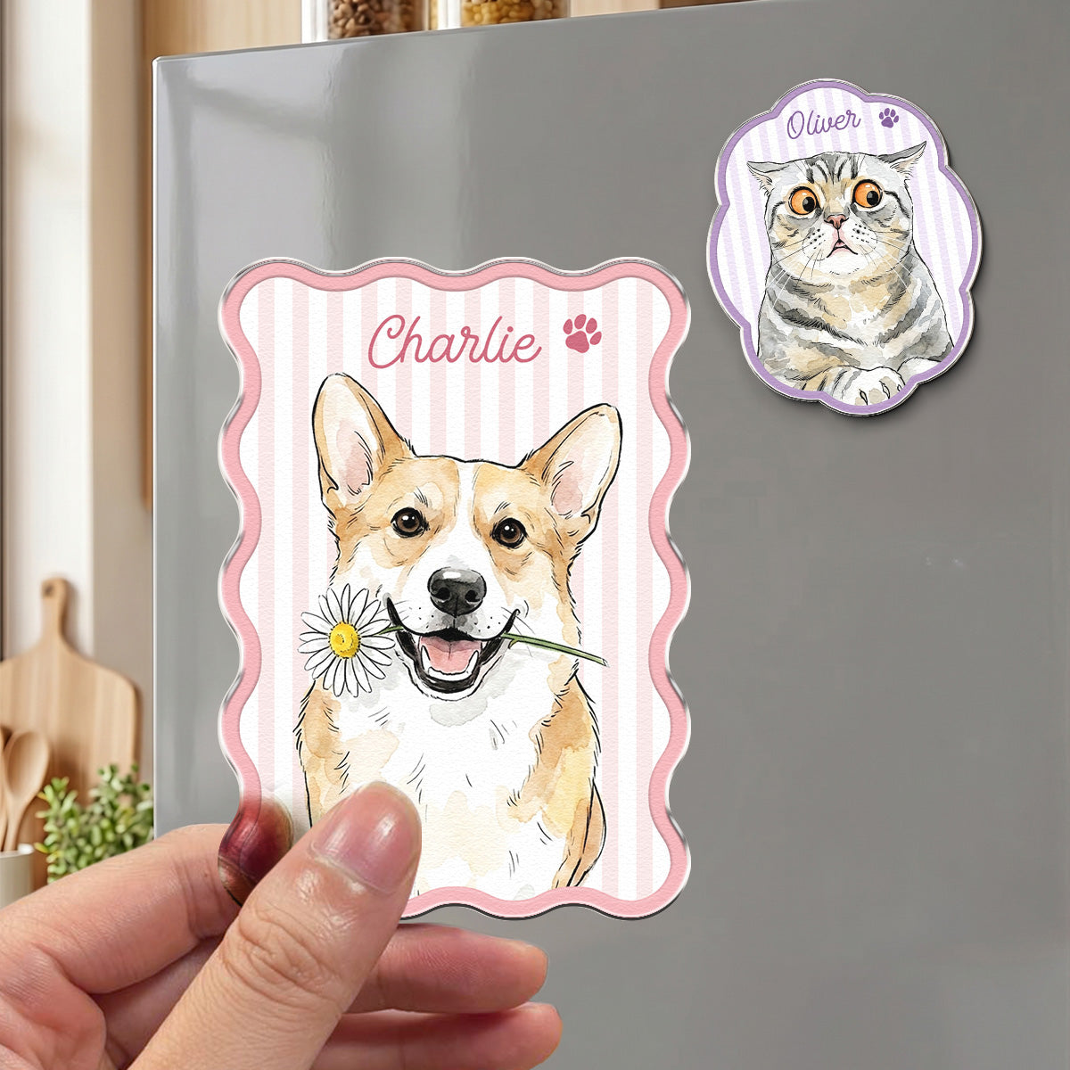 Custom Name & Photo Pet Watercolor Striped Pattern - Personalized Magnet