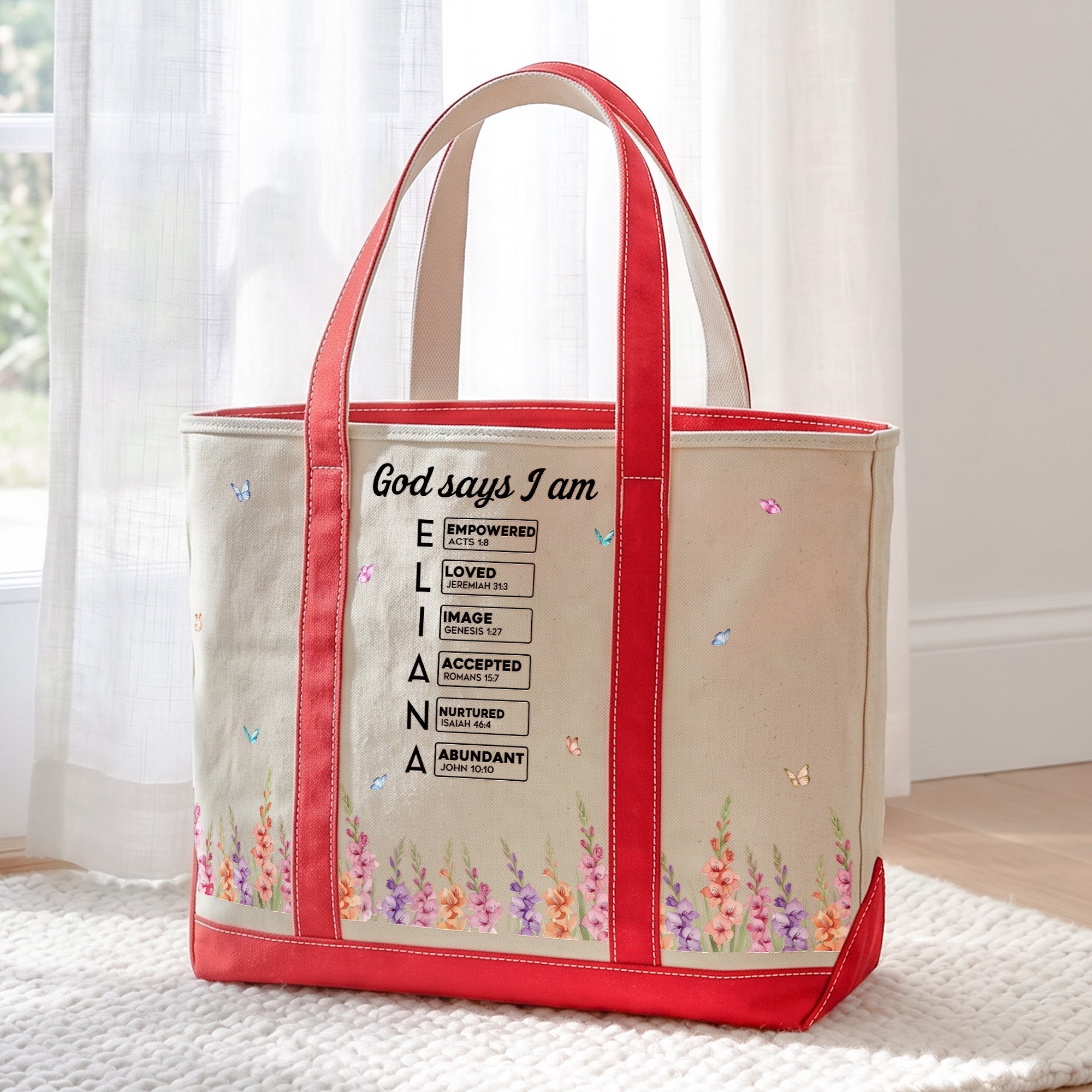 Custom Name In Bible Verse & Birth Flower New Version - Personalized Tote Bag