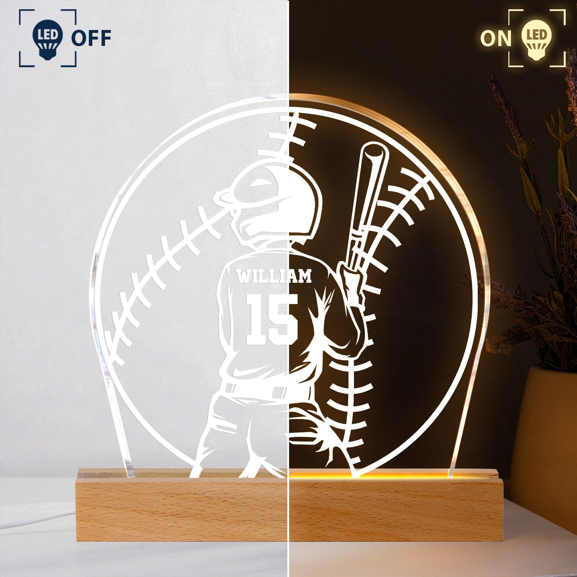 Custom Name, Number Gift For Baseball Players- Personalized Night Light