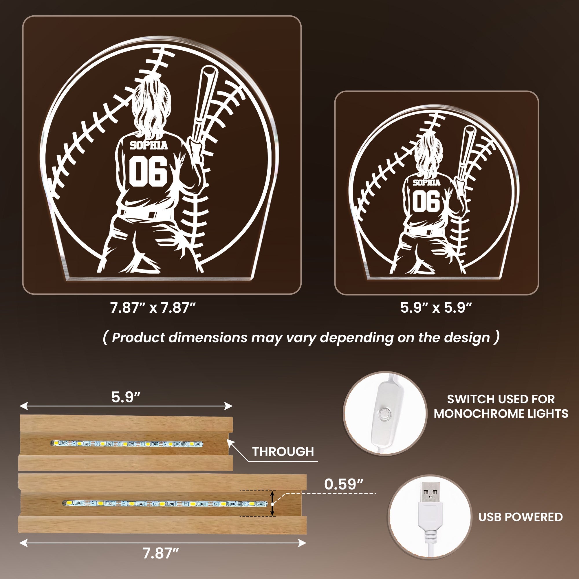 Custom Name, Number Gift For Softball Players- Personalized Night Light