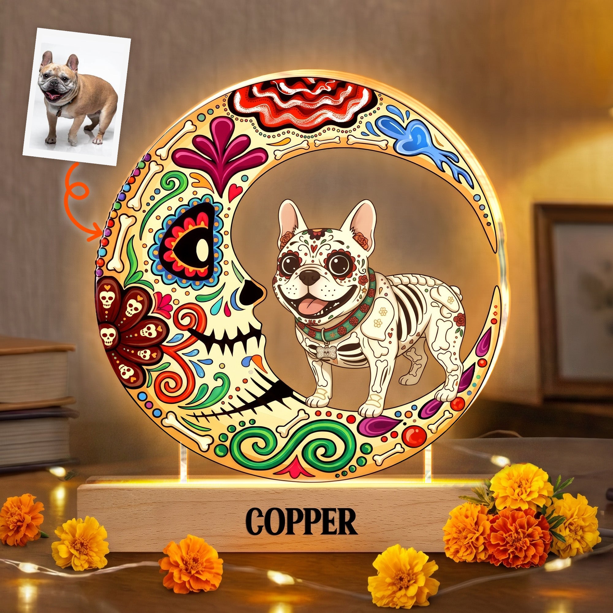 Custom Pet Portrait Day Of The Dead Día De Los Muertos Moon - Personalized Night Light