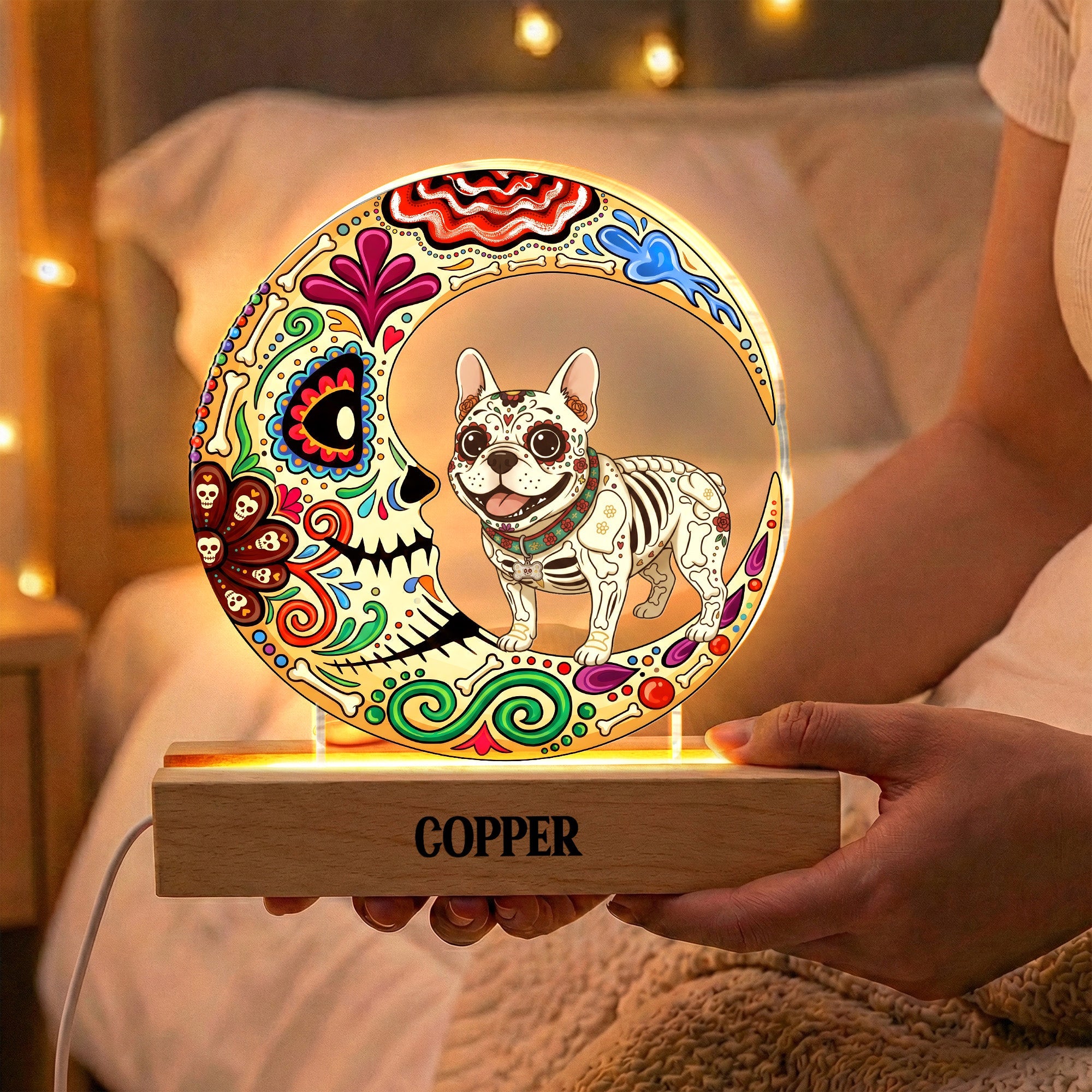 Custom Pet Portrait Day Of The Dead Día De Los Muertos Moon - Personalized Night Light