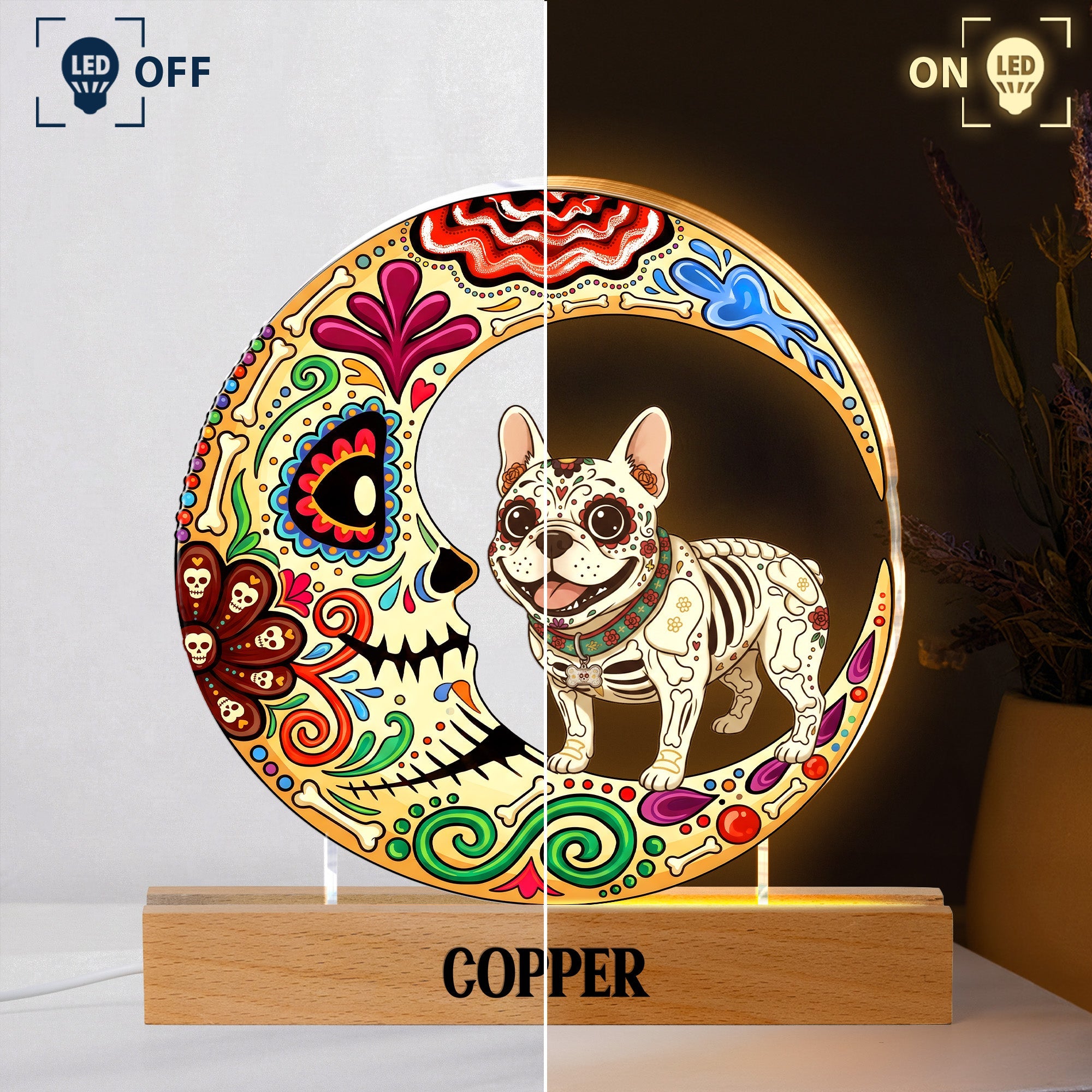 Custom Pet Portrait Day Of The Dead Día De Los Muertos Moon - Personalized Night Light
