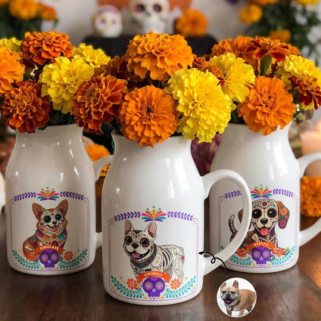 Custom Pet Portrait Day Of The Dead Mexican Hispanic Ofrenda Decor - Personalized Vase