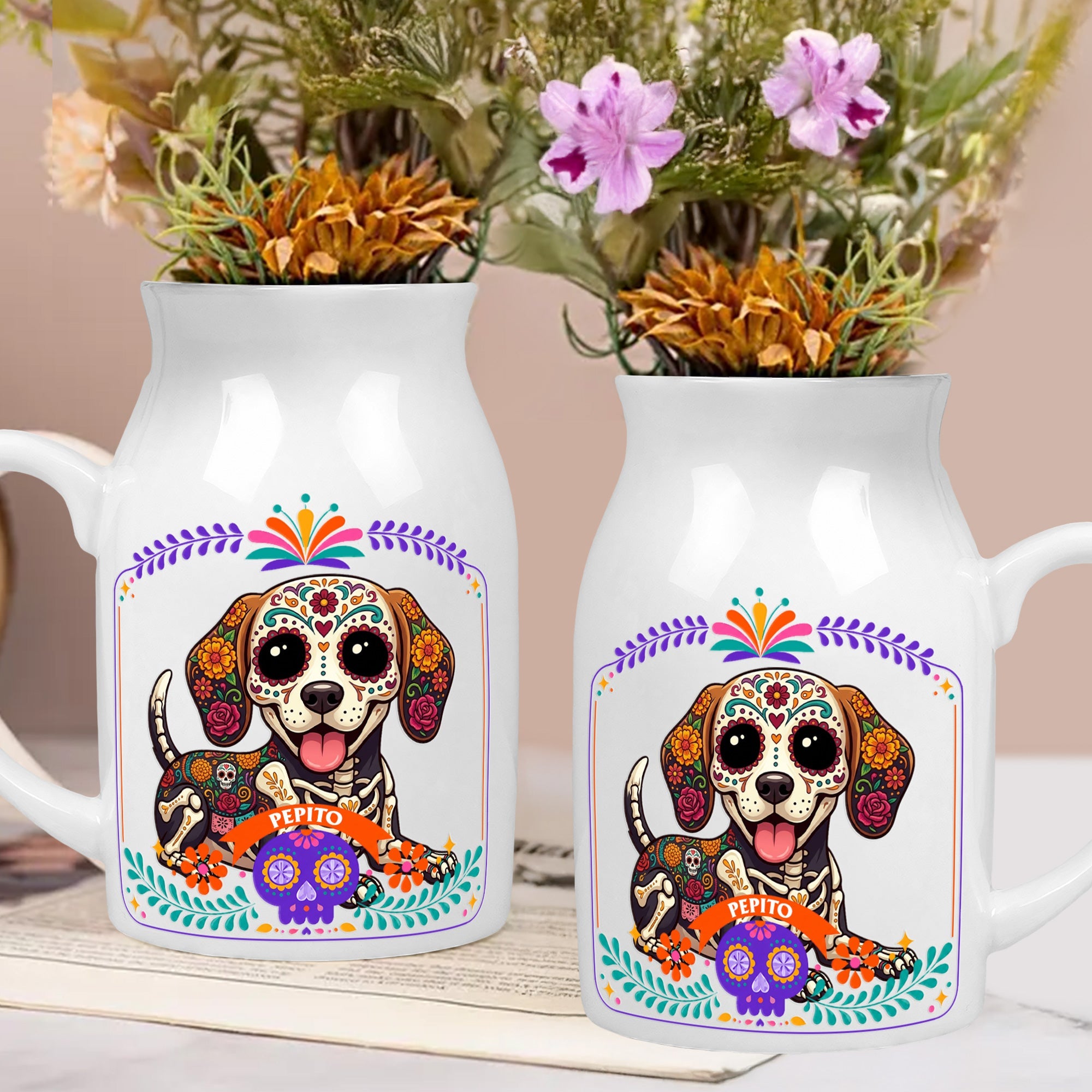 Custom Pet Portrait Day Of The Dead Mexican Hispanic Ofrenda Decor - Personalized Vase