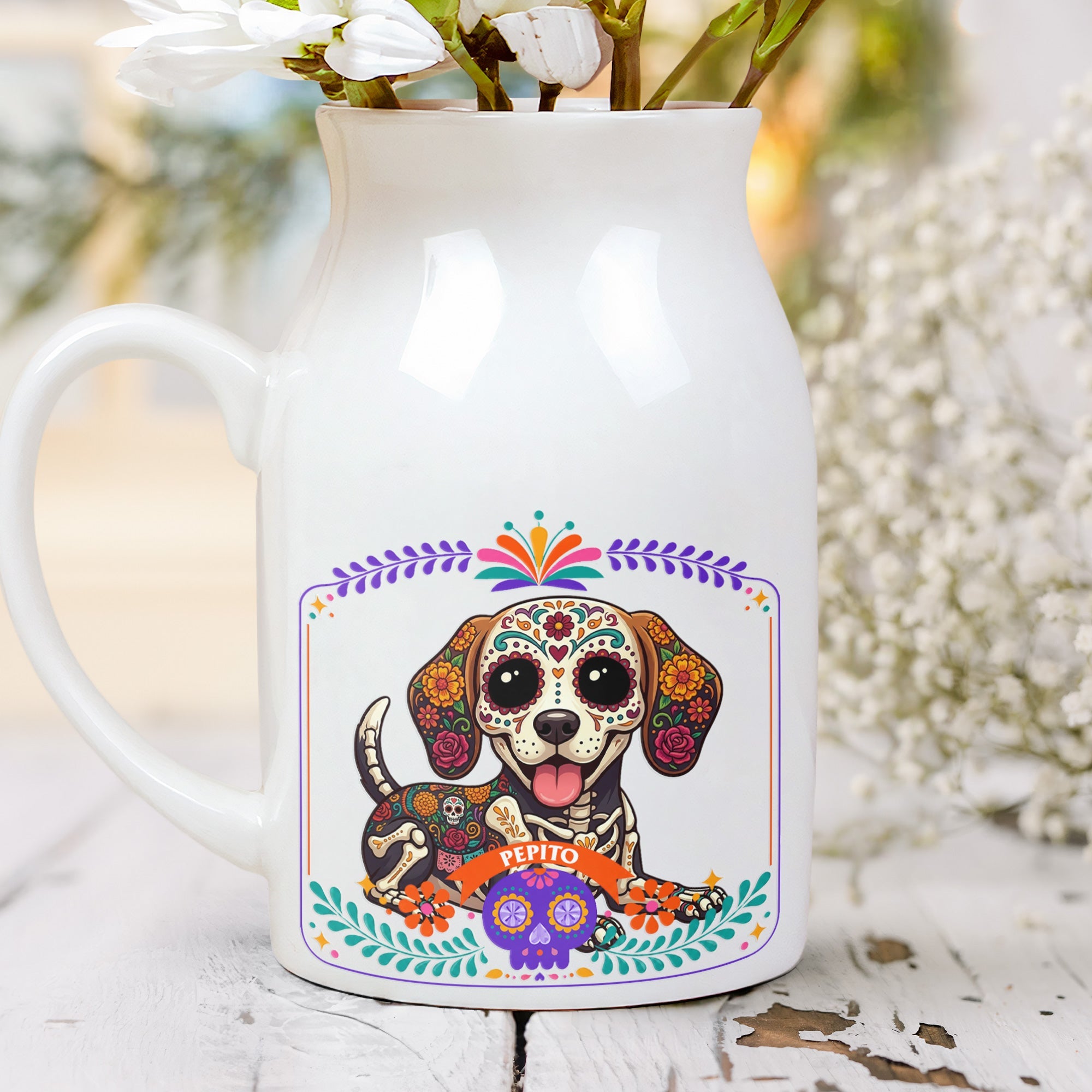 Custom Pet Portrait Day Of The Dead Mexican Hispanic Ofrenda Decor - Personalized Vase