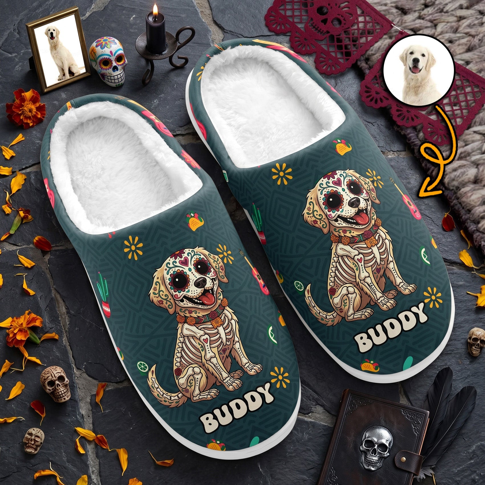 Custom Pet Portrait Day Of The Dead Mexican Hispanic Style - Personalized Slippers