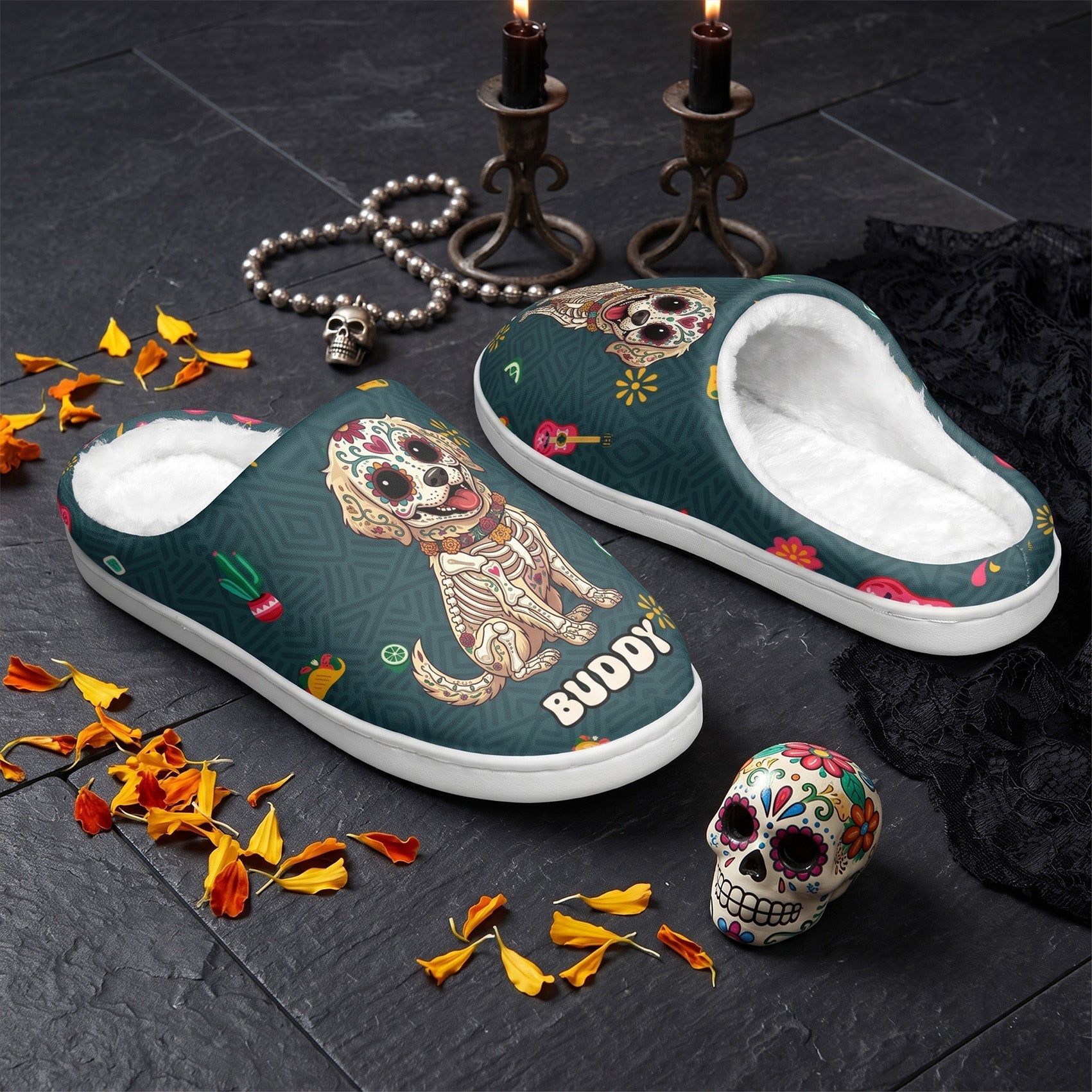 Custom Pet Portrait Day Of The Dead Mexican Hispanic Style - Personalized Slippers