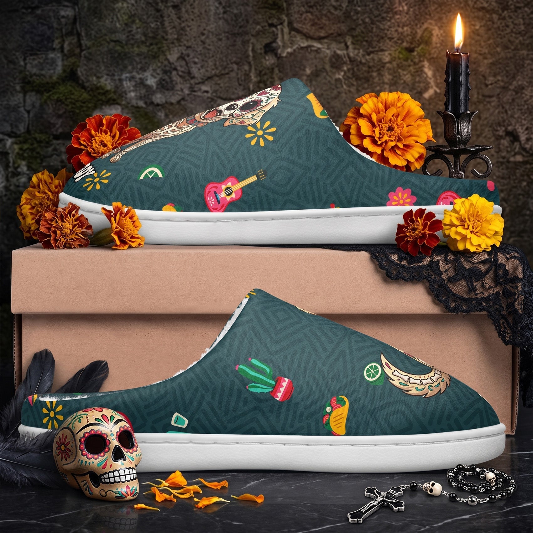 Custom Pet Portrait Day Of The Dead Mexican Hispanic Style - Personalized Slippers