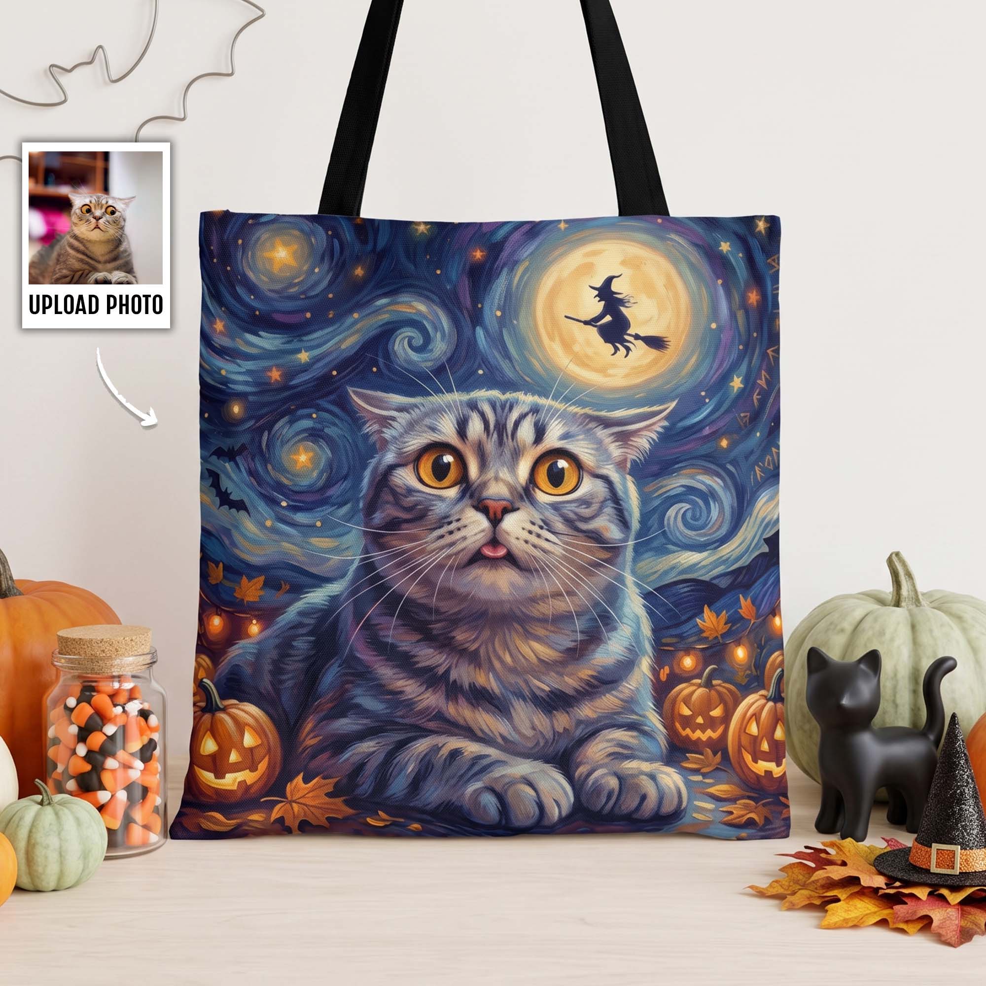 Custom Pet Portrait Halloween Van Gogh Art - Personalized Tote Bag