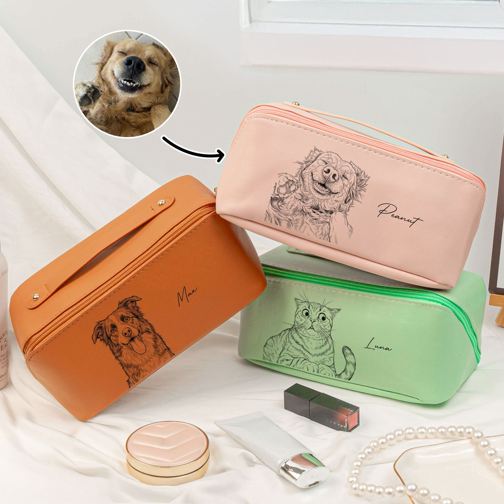 Custom Pet Portrait Sketch Line Art - Personalized Makeup Bag