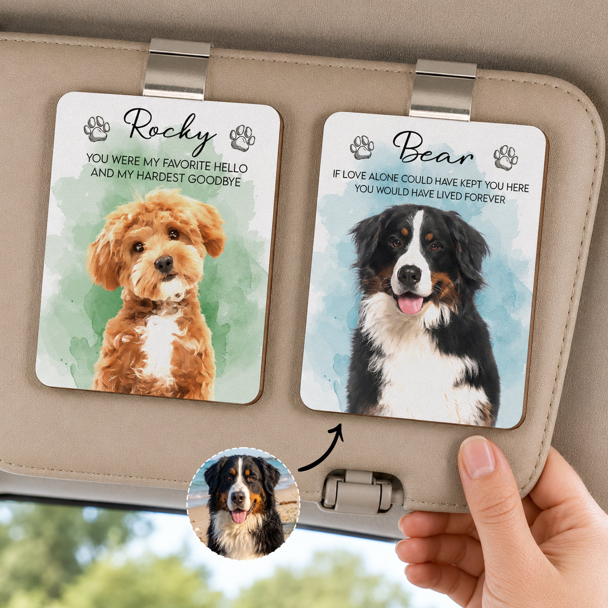 Custom Pet Watercolor Portrait Memorial Gift - Personalized Car Visor Clip