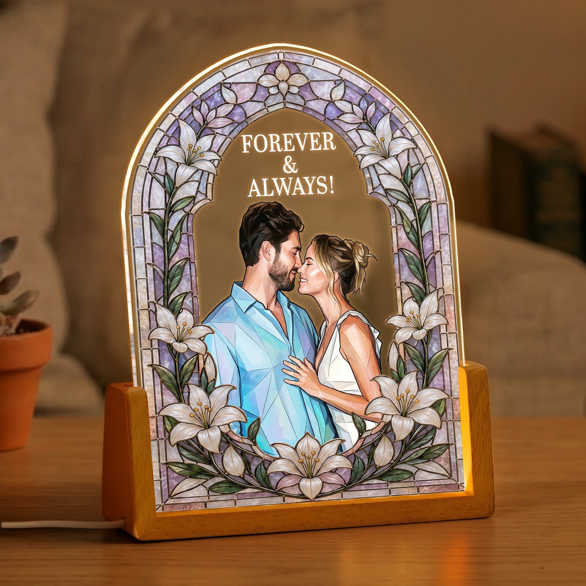 Custom Photo Stained Glass Style Anniversary Gift - Personalized Night Light