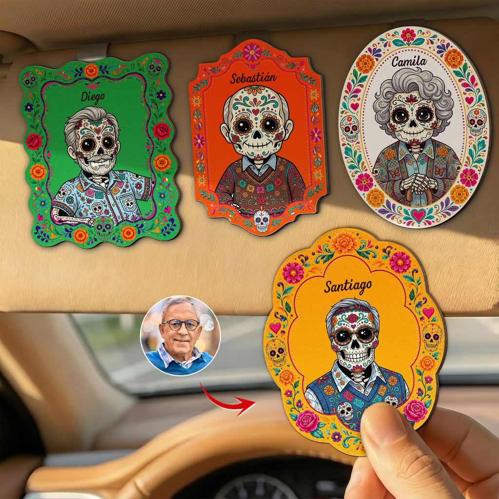 Custom Portrait Day Of The Dead Hispanic Mexican Ancestors - Personalized Car Visor Clip