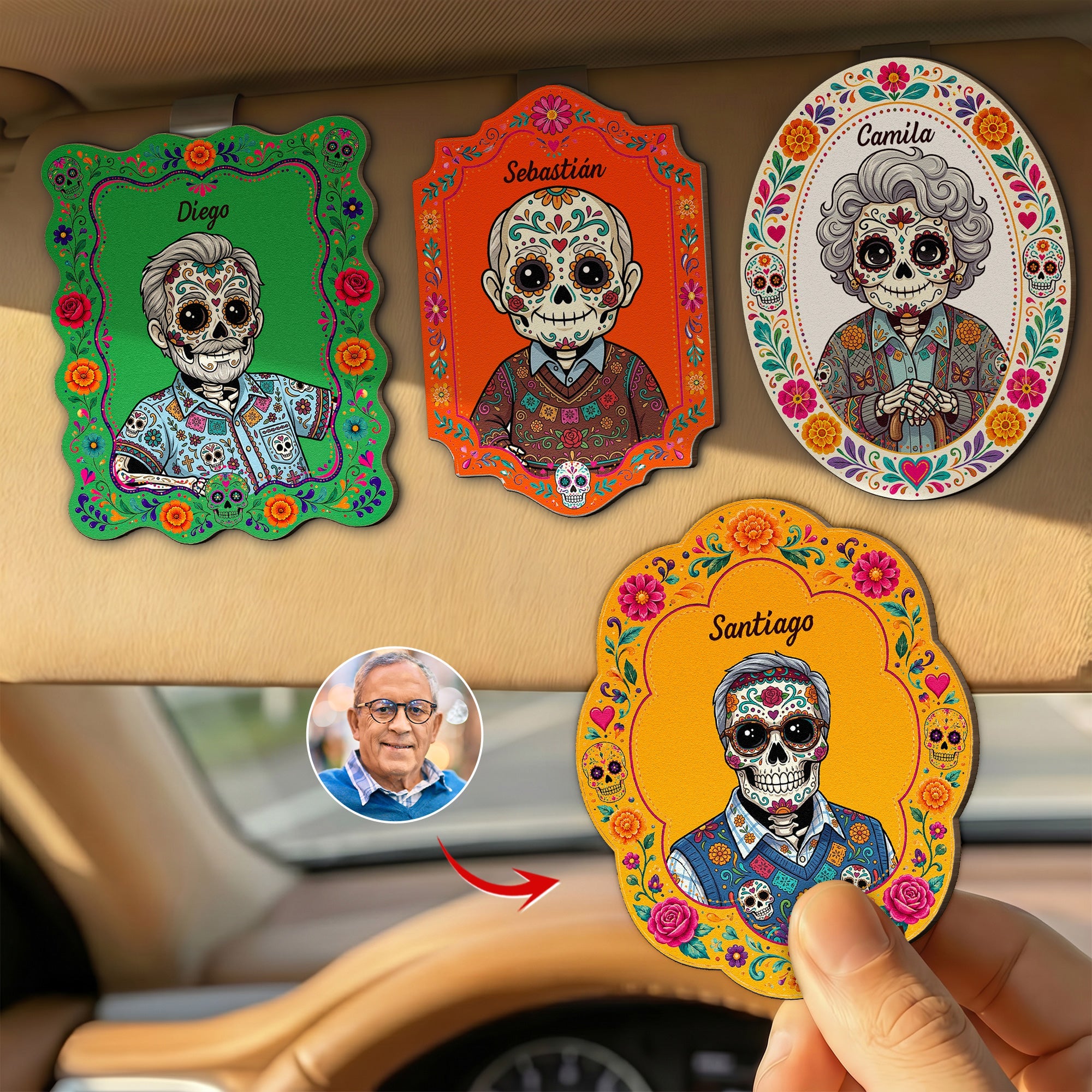 Custom Portrait Day Of The Dead Hispanic Mexican Ancestors - Personalized Car Visor Clip