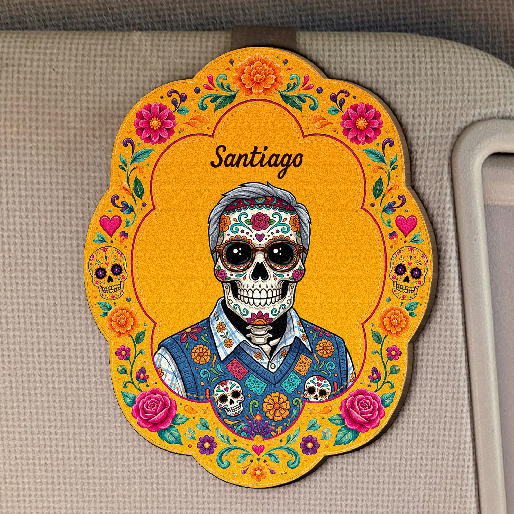 Custom Portrait Day Of The Dead Hispanic Mexican Ancestors - Personalized Car Visor Clip