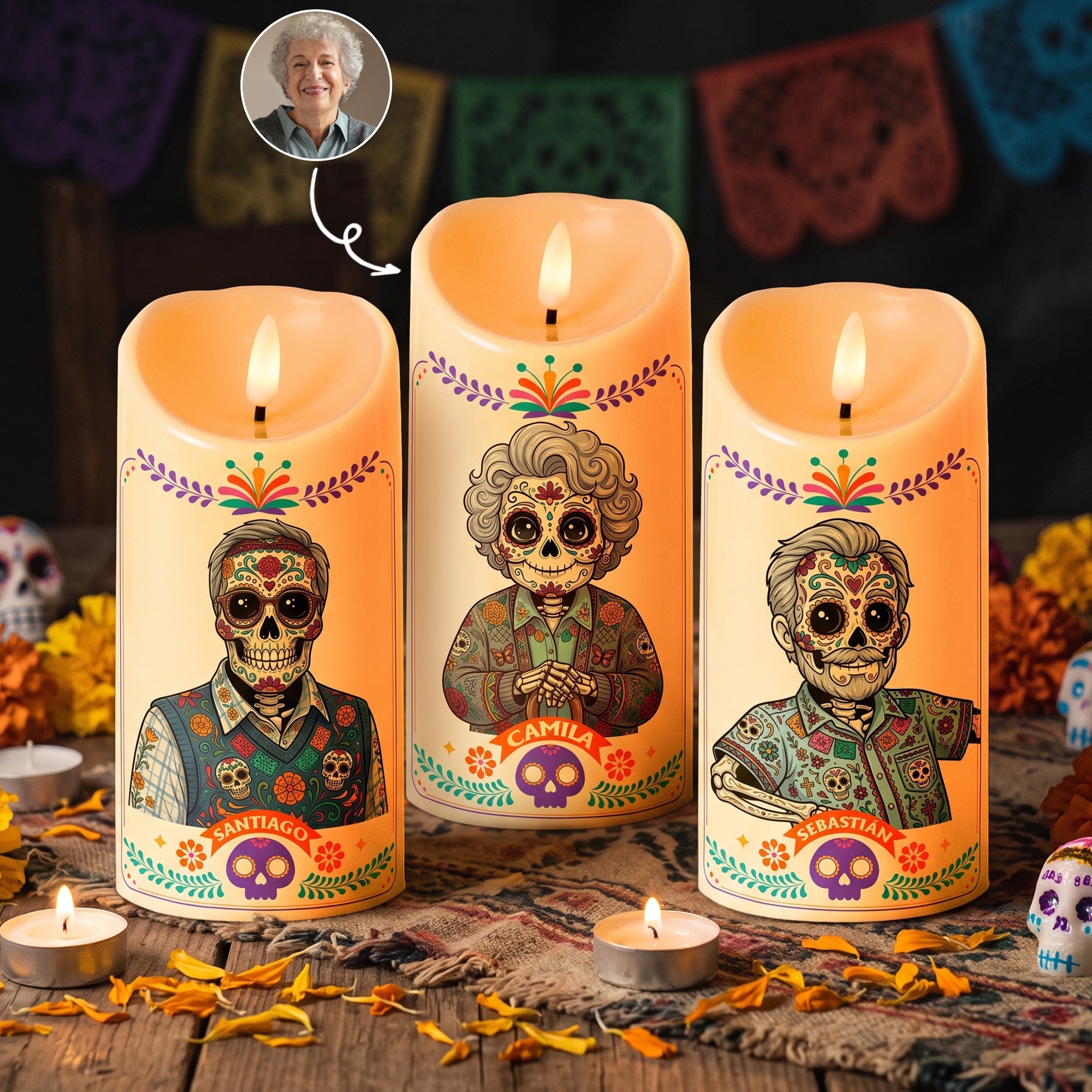Custom Portrait Day Of The Dead Latinos Mexican Hispanic Style - Personalized Candles