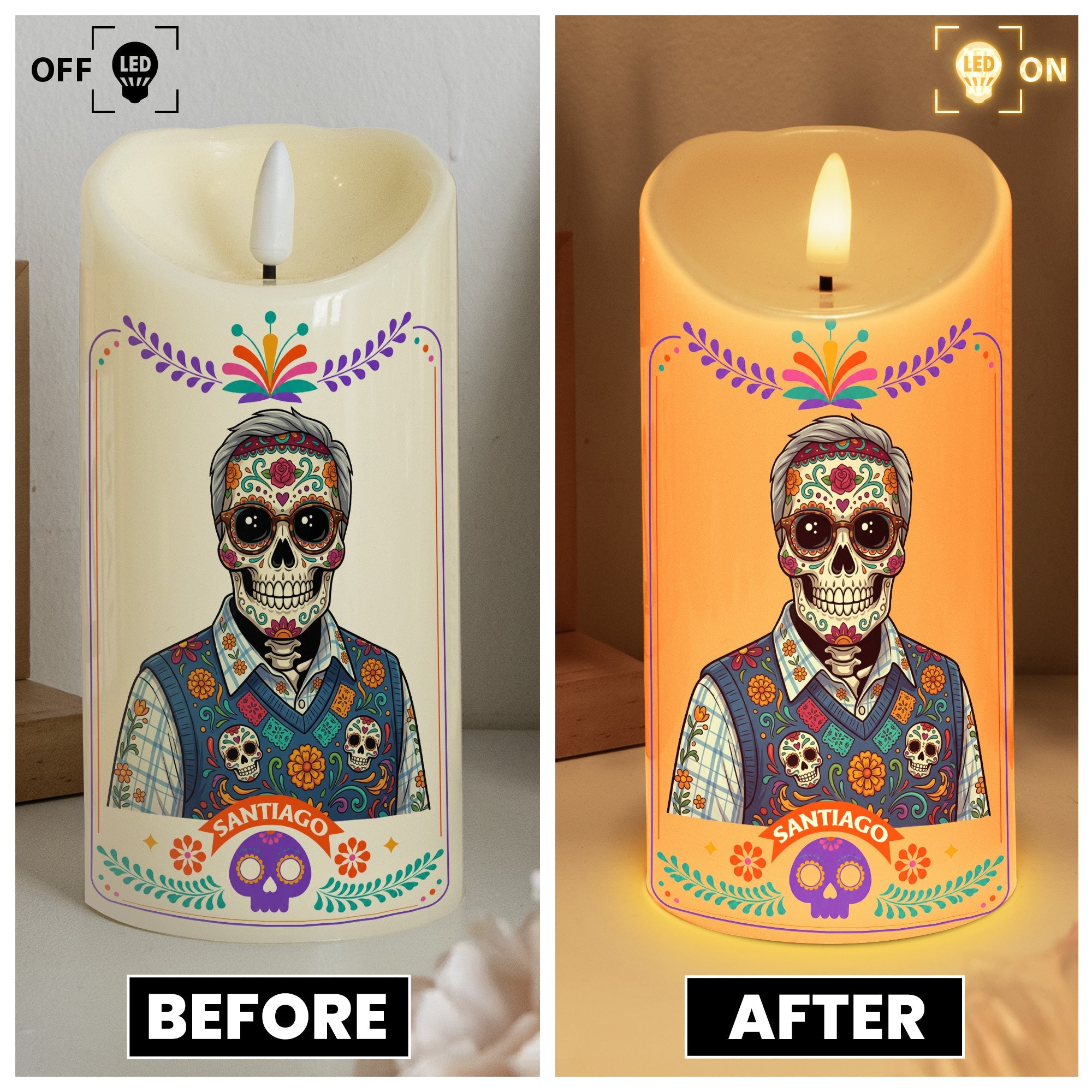 Custom Portrait Day Of The Dead Latinos Mexican Hispanic Style - Personalized Candles